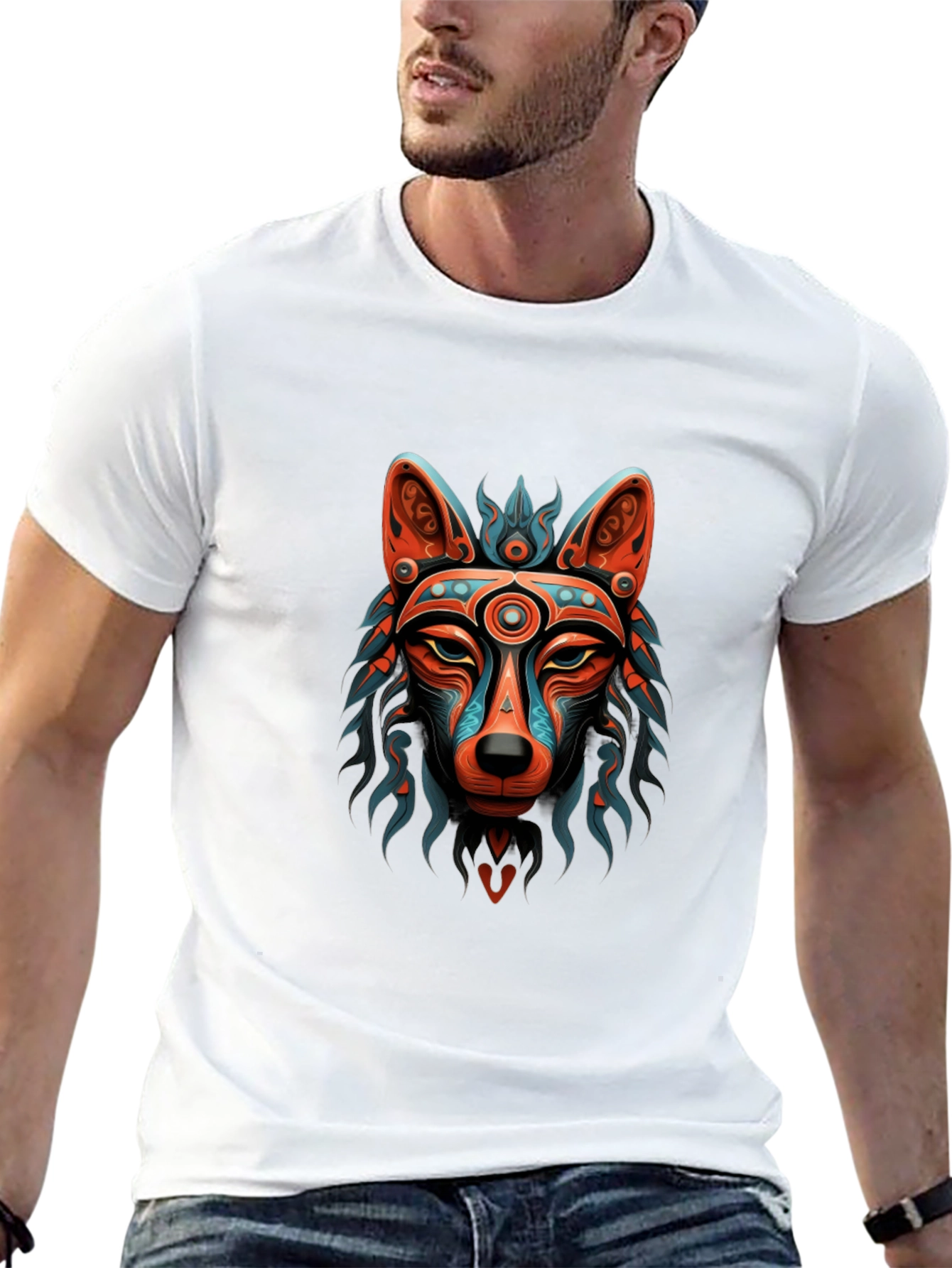 Aztec Wolf Graphic Print Black T-Shirt