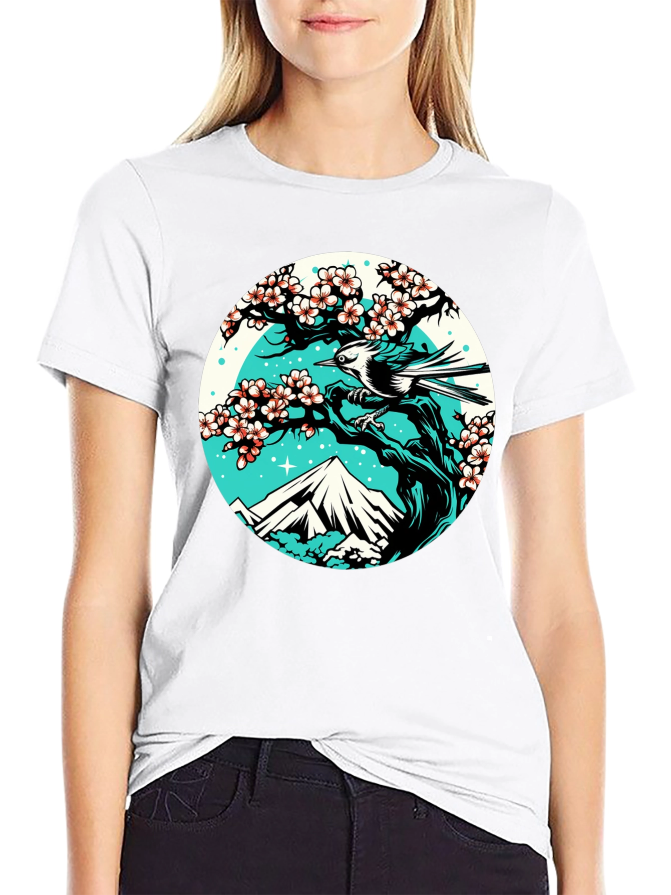 Nature Scene Graphic Tee - Bird Cherry Blossom Mountain