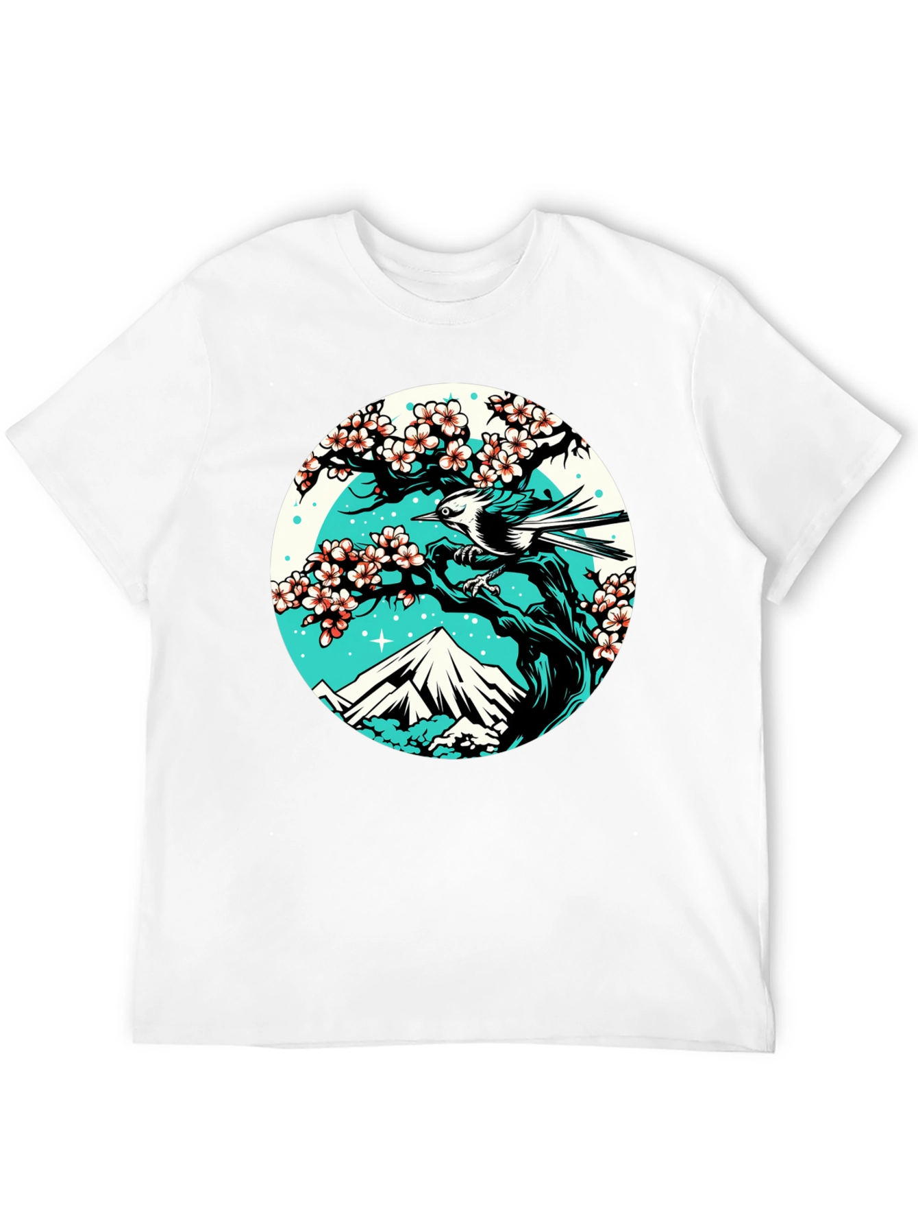 Nature Scene Graphic Tee - Bird Cherry Blossom Mountain