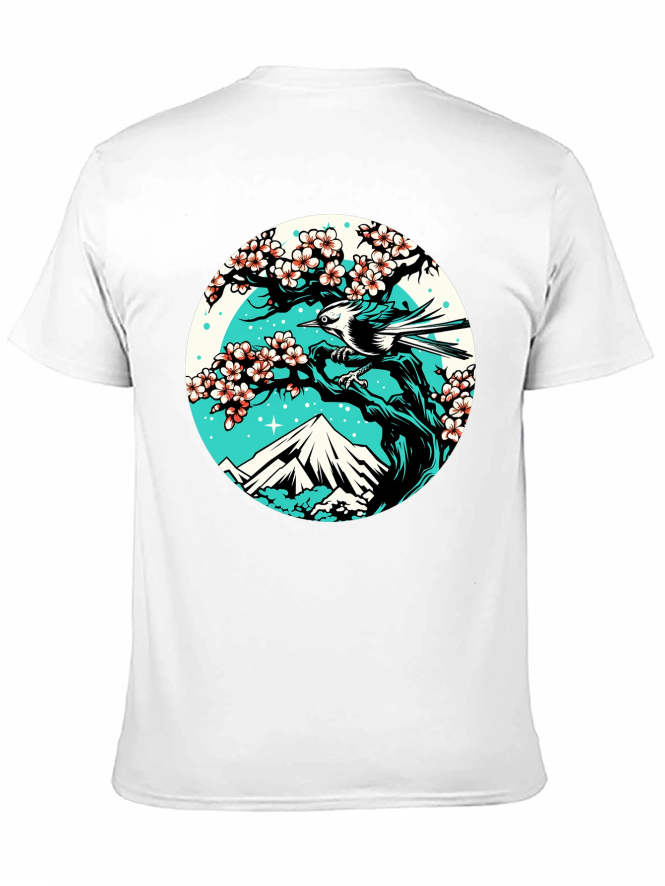 Nature Scene Graphic Tee - Bird Cherry Blossom Mountain