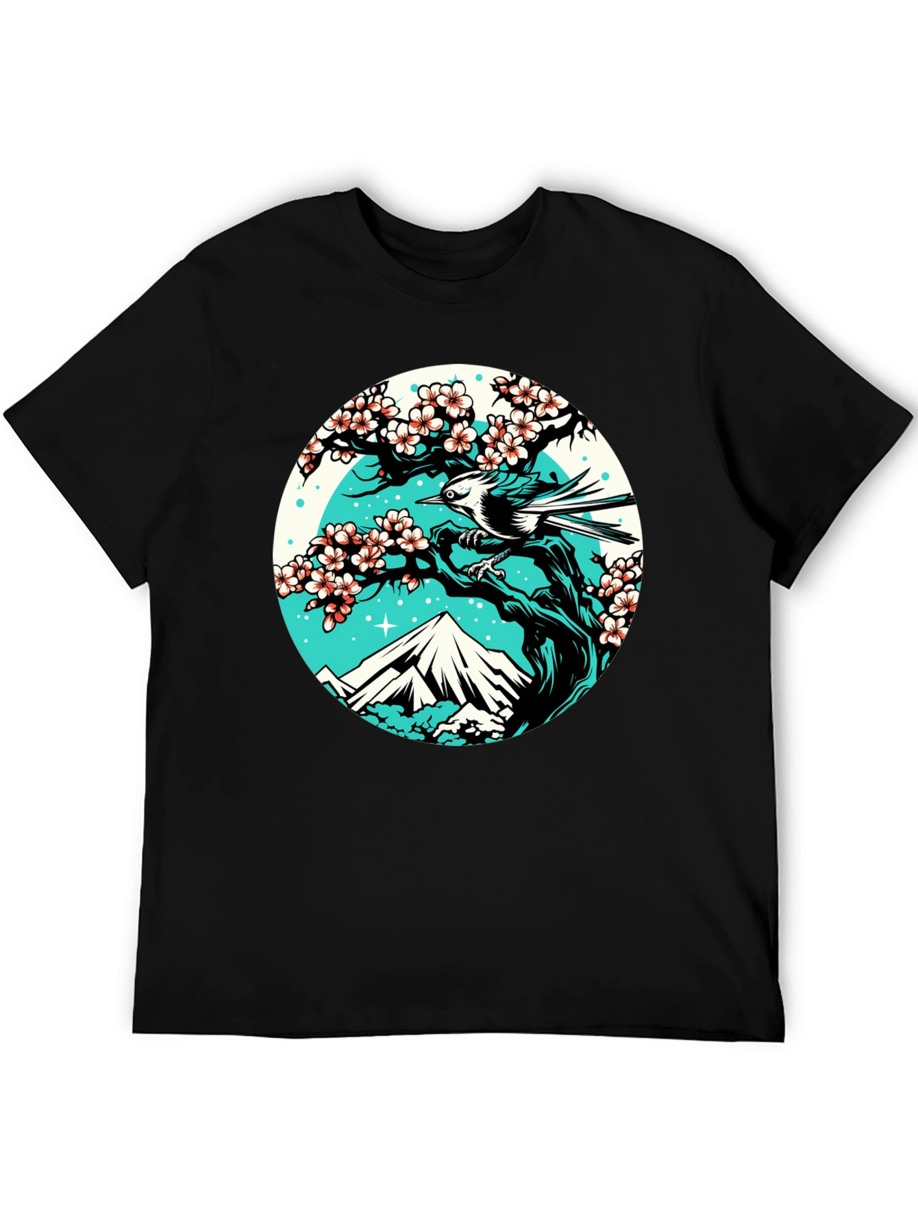 Nature Scene Graphic Tee - Bird Cherry Blossom Mountain