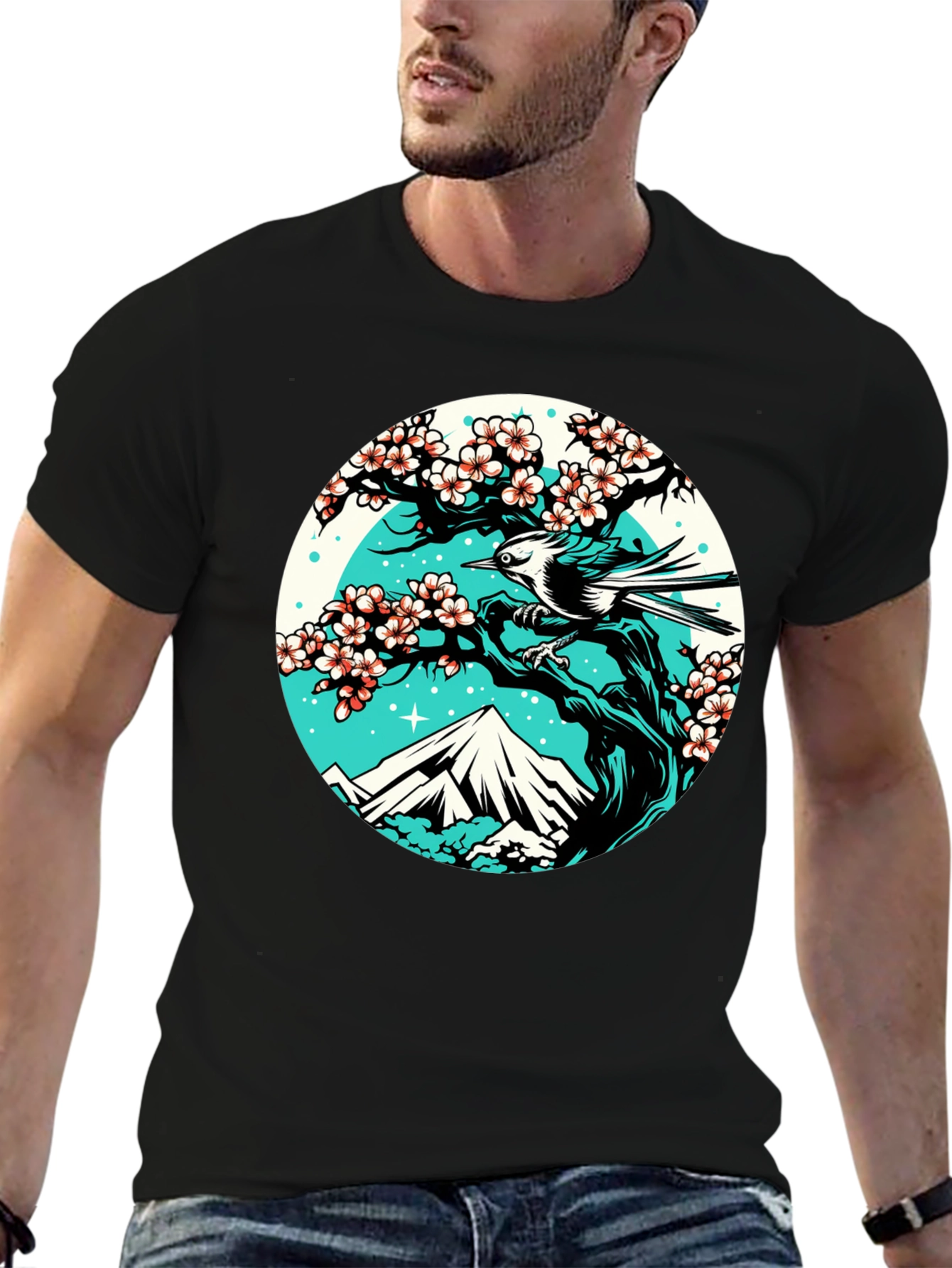 Nature Scene Graphic Tee - Bird Cherry Blossom Mountain