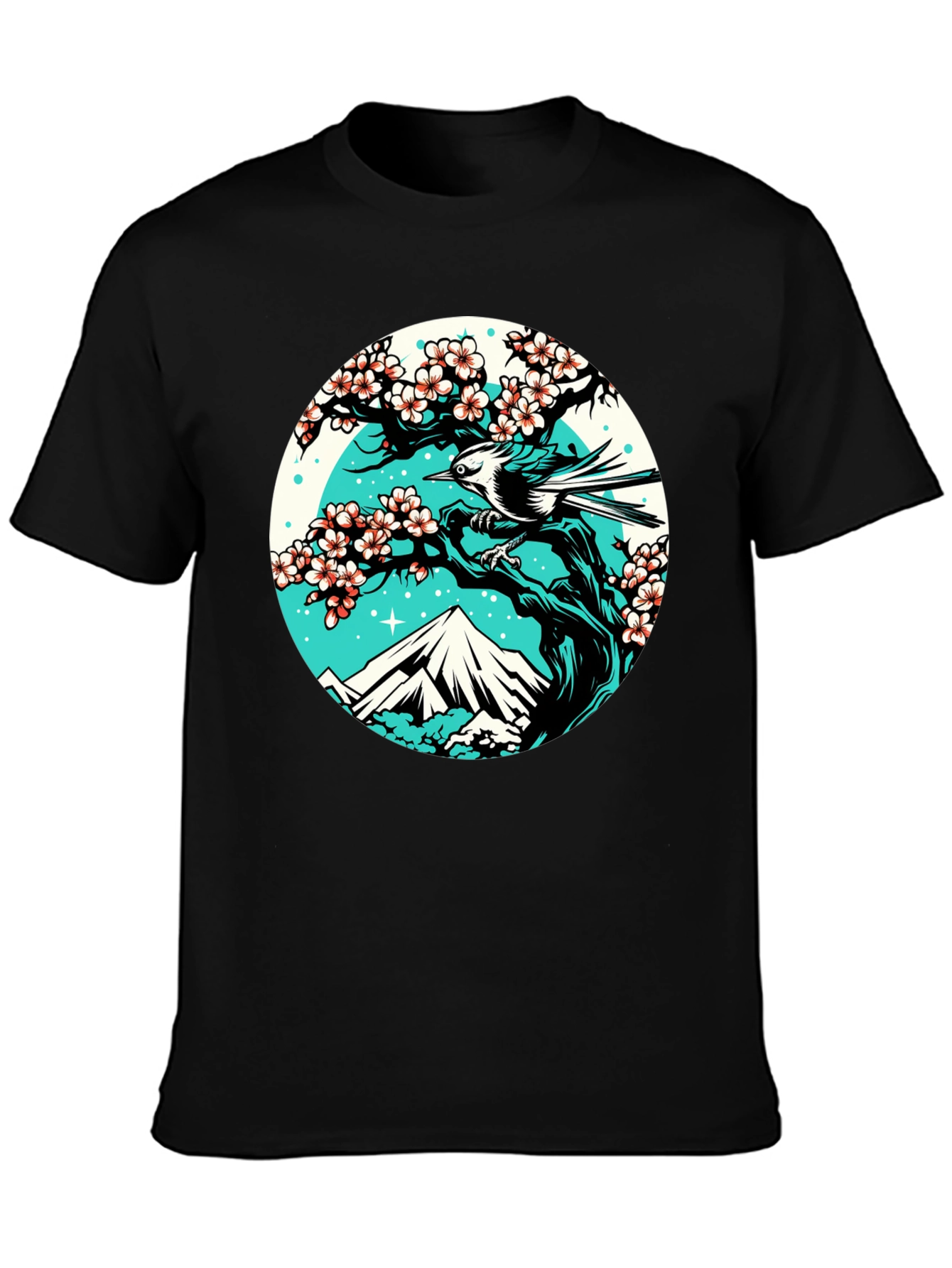 Nature Scene Graphic Tee - Bird Cherry Blossom Mountain