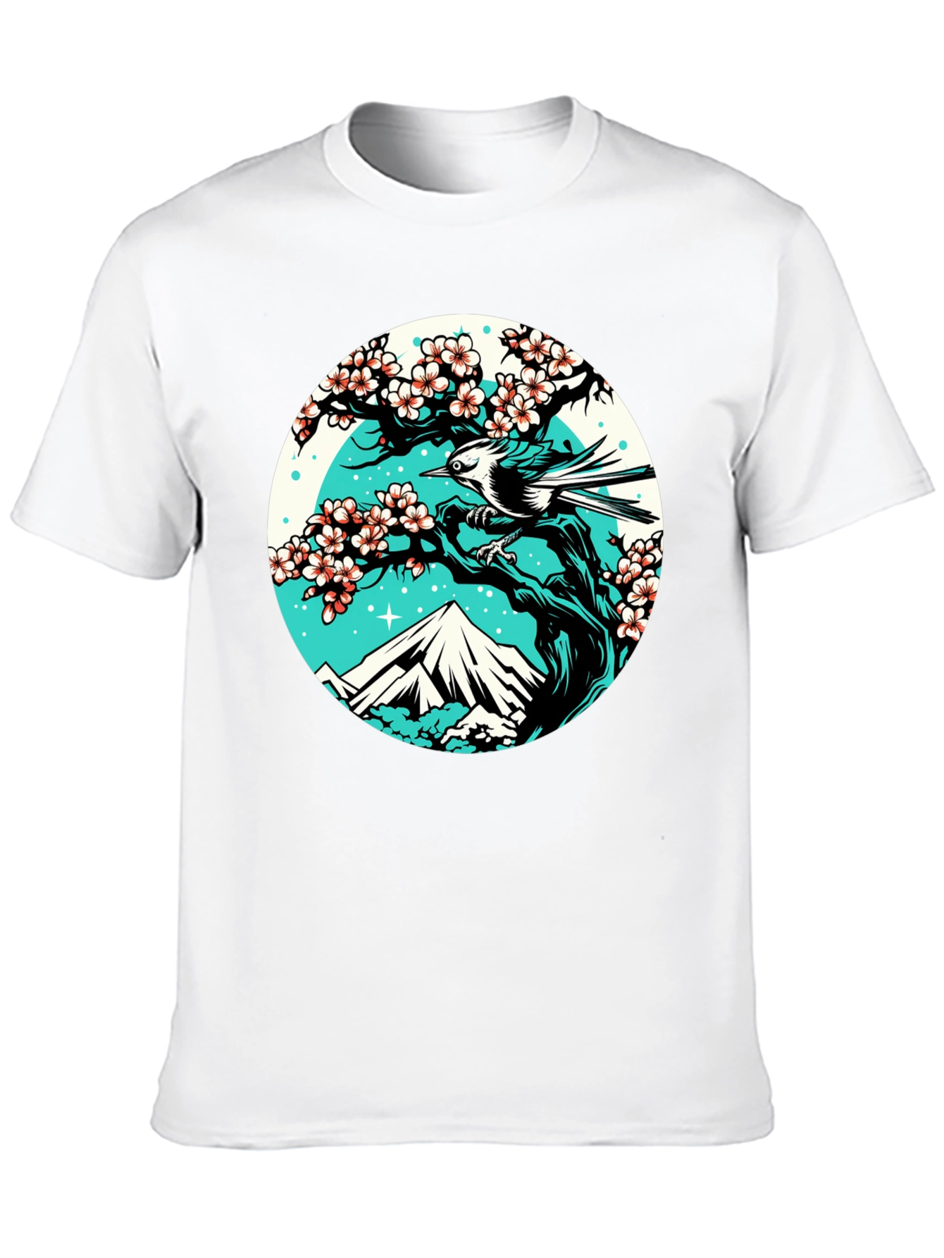 Nature Scene Graphic Tee - Bird Cherry Blossom Mountain