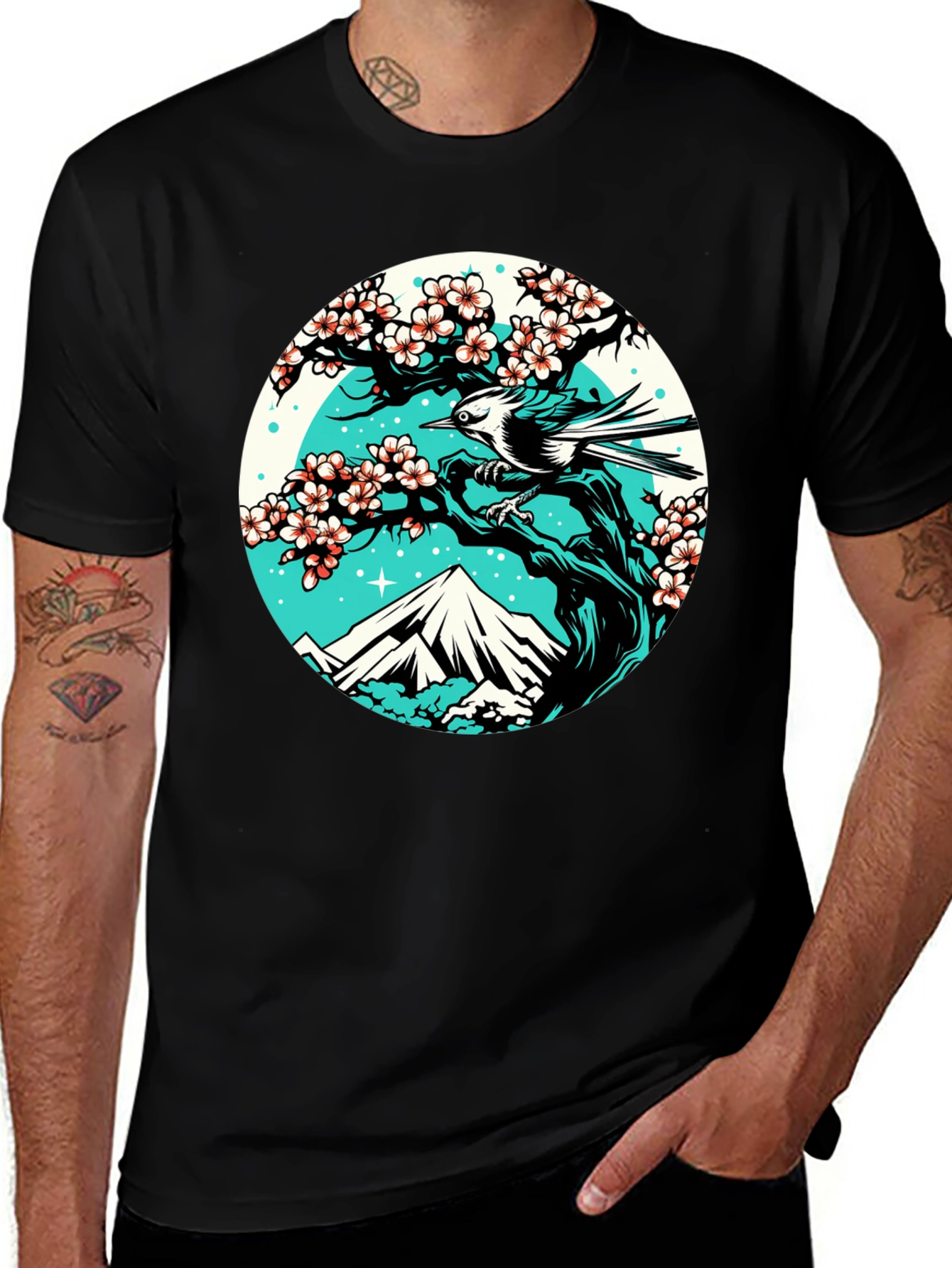 Nature Scene Graphic Tee - Bird Cherry Blossom Mountain