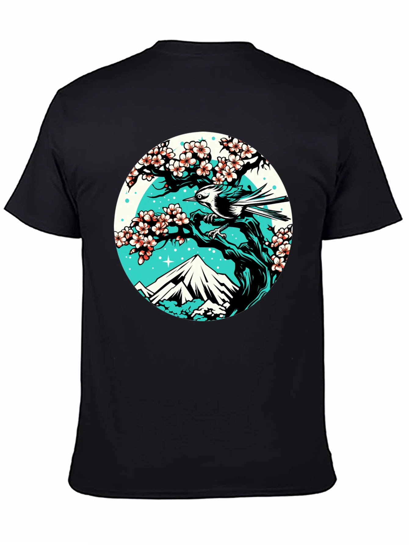 Nature Scene Graphic Tee - Bird Cherry Blossom Mountain