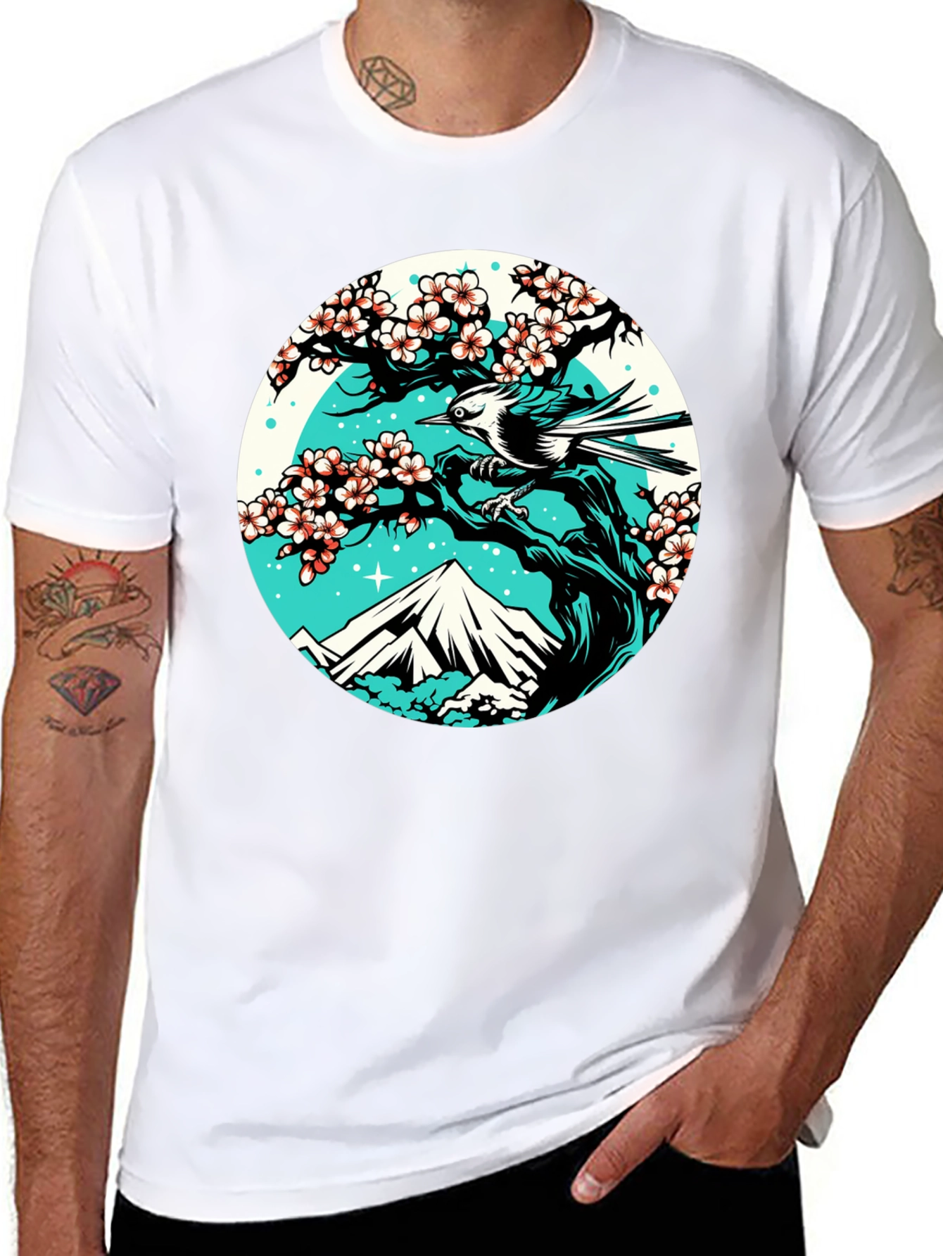 Nature Scene Graphic Tee - Bird Cherry Blossom Mountain