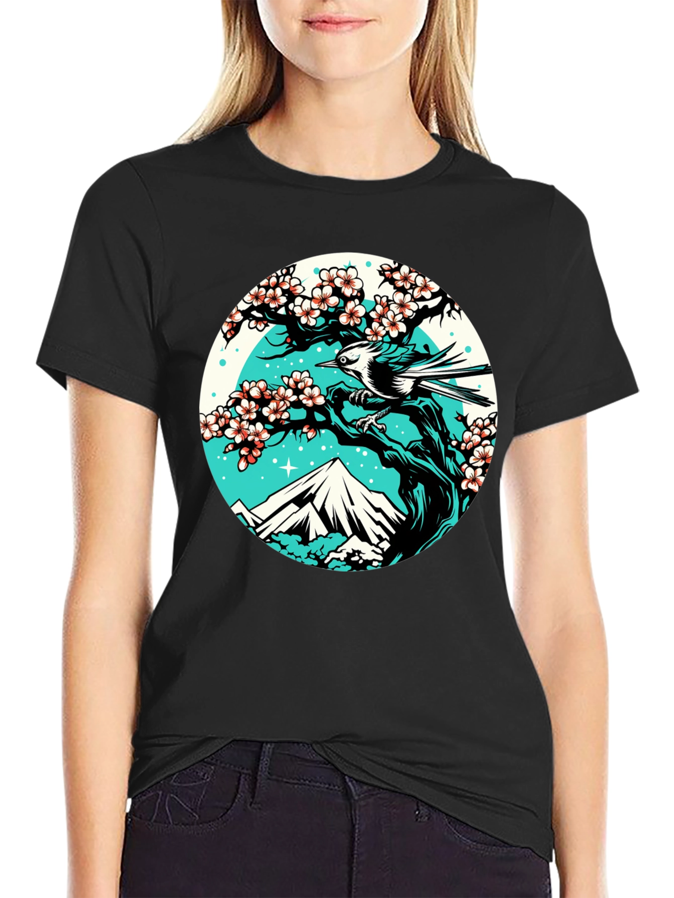 Nature Scene Graphic Tee - Bird Cherry Blossom Mountain