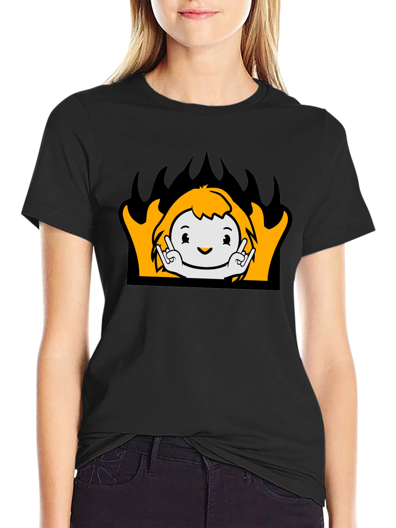 Cartoon Flame Graphic T-Shirt - Black