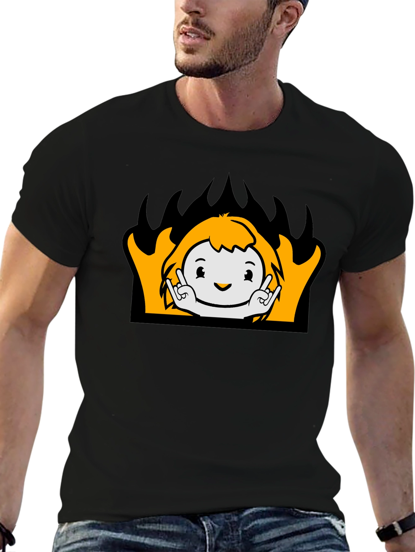 Cartoon Flame Graphic T-Shirt - Black