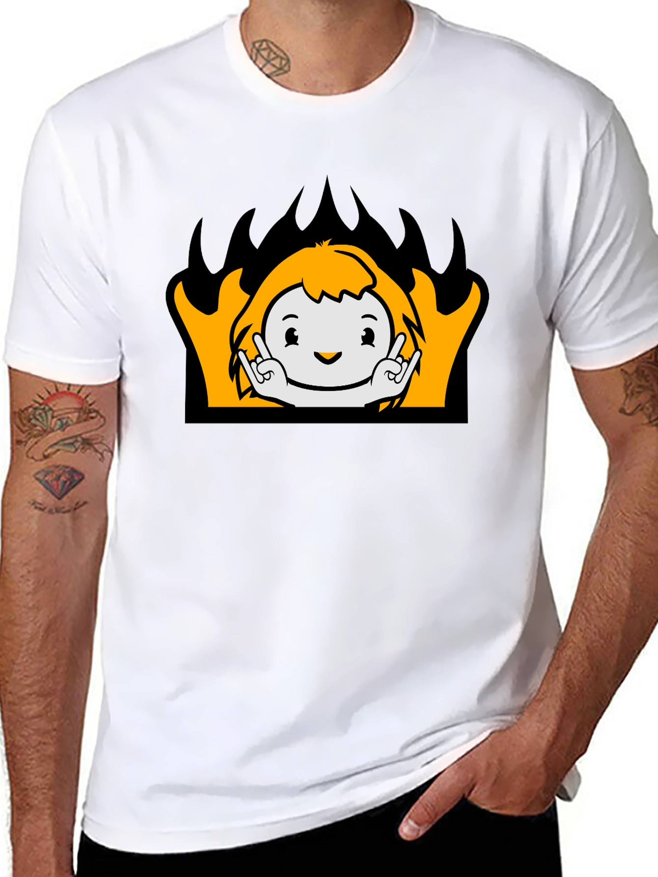 Cartoon Flame Graphic T-Shirt - Black