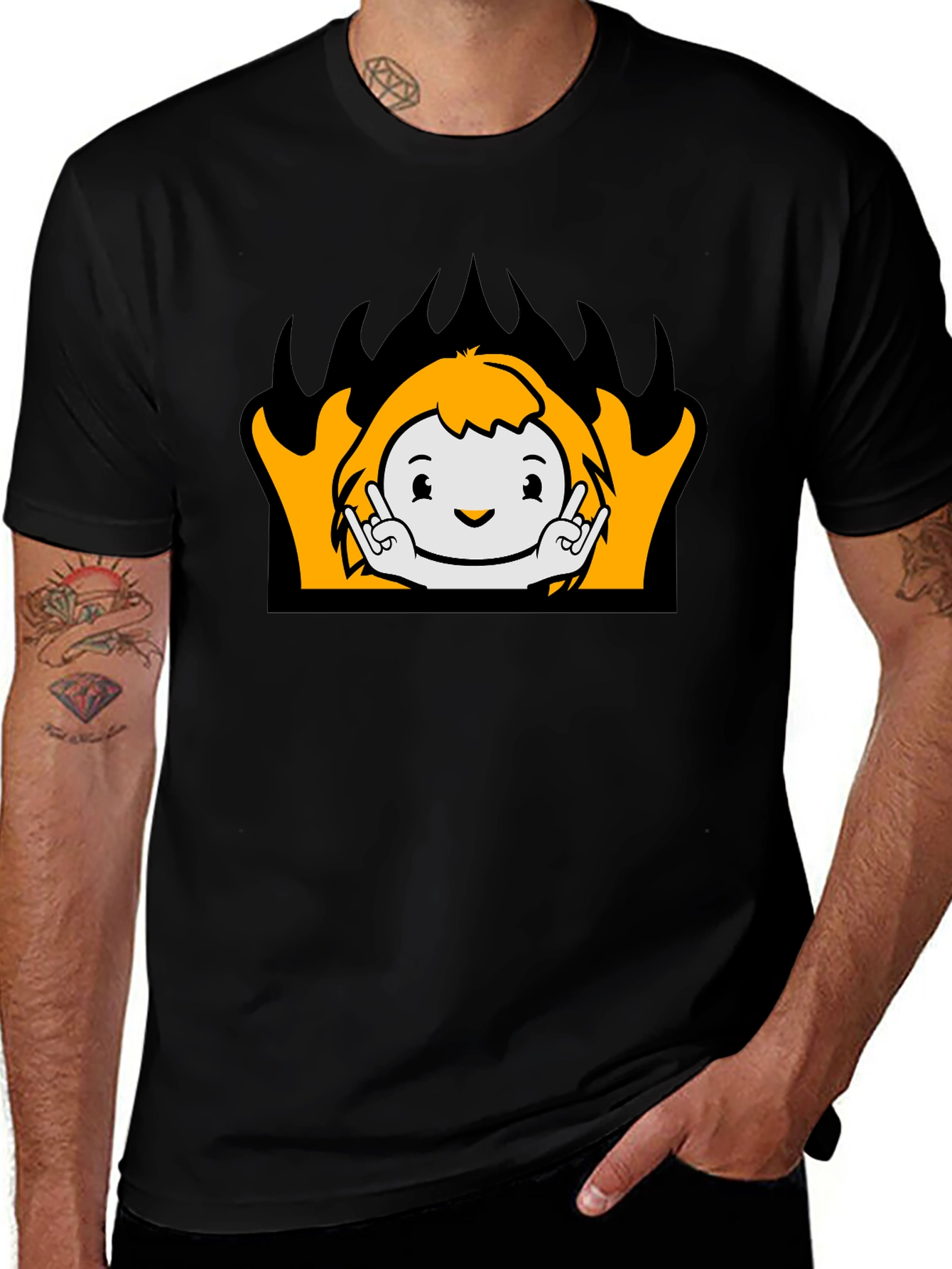 Cartoon Flame Graphic T-Shirt - Black