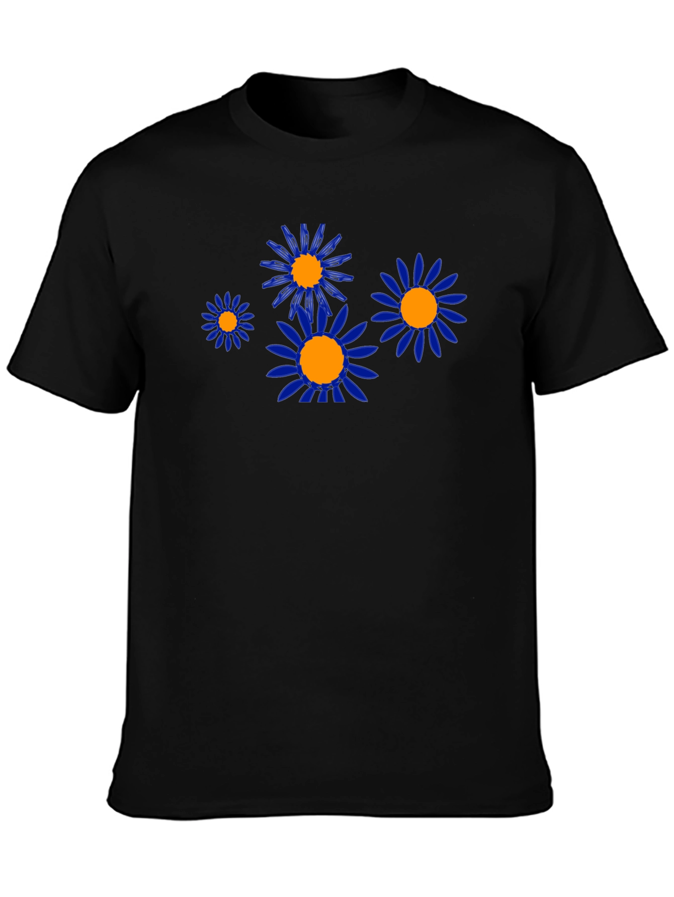 Black Tee with Blue & Orange Flower Graphic