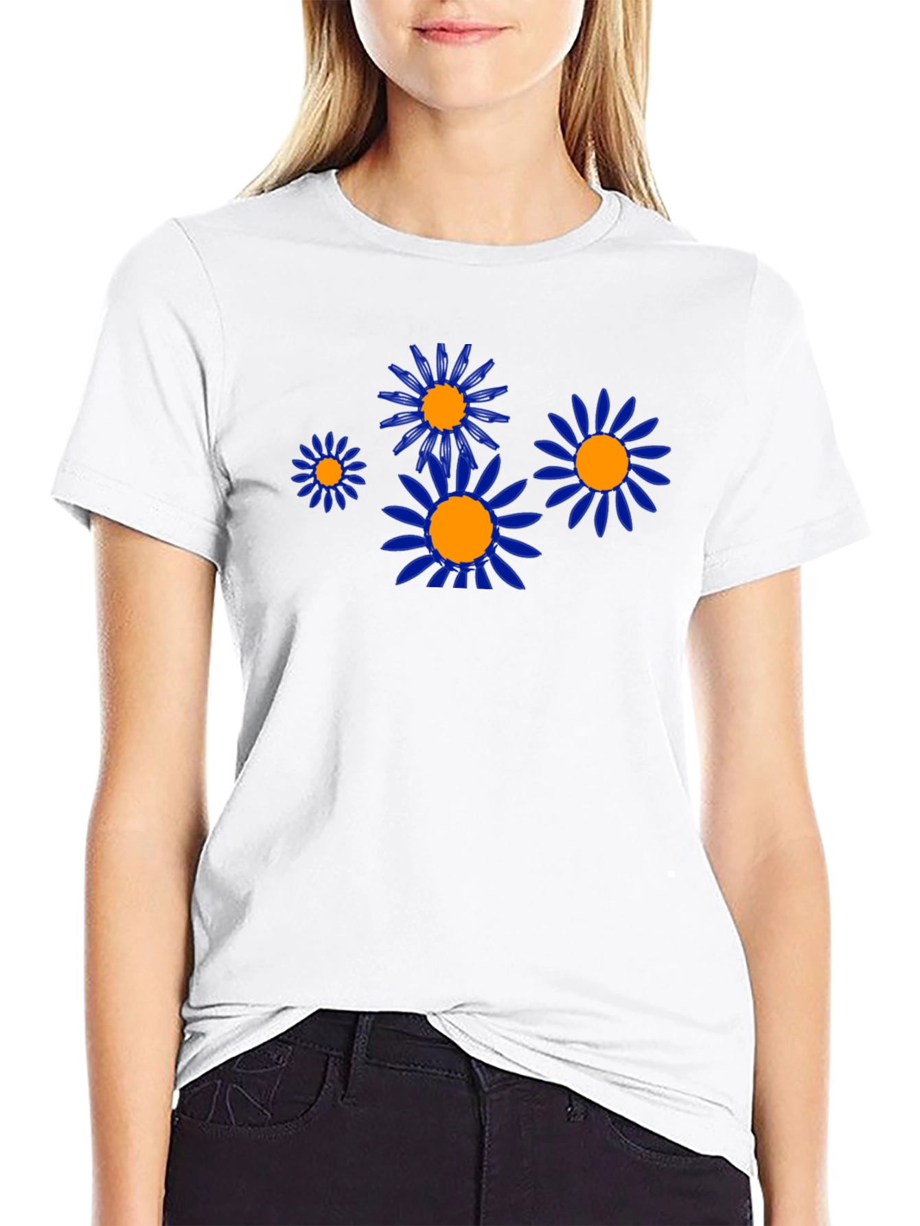 Black Tee with Blue & Orange Flower Graphic