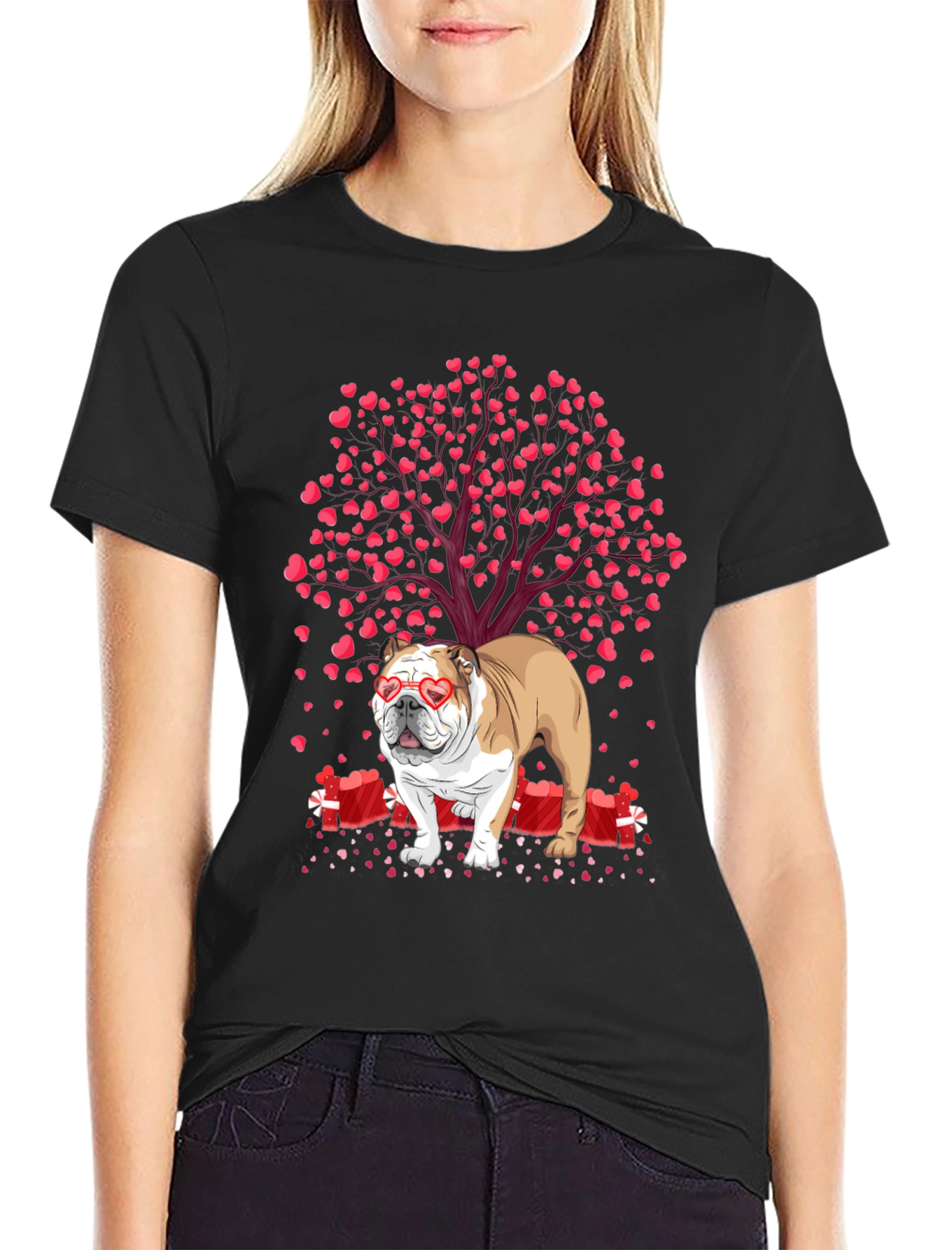 Bulldog Valentines Day T-Shirt: Heart Tree Design