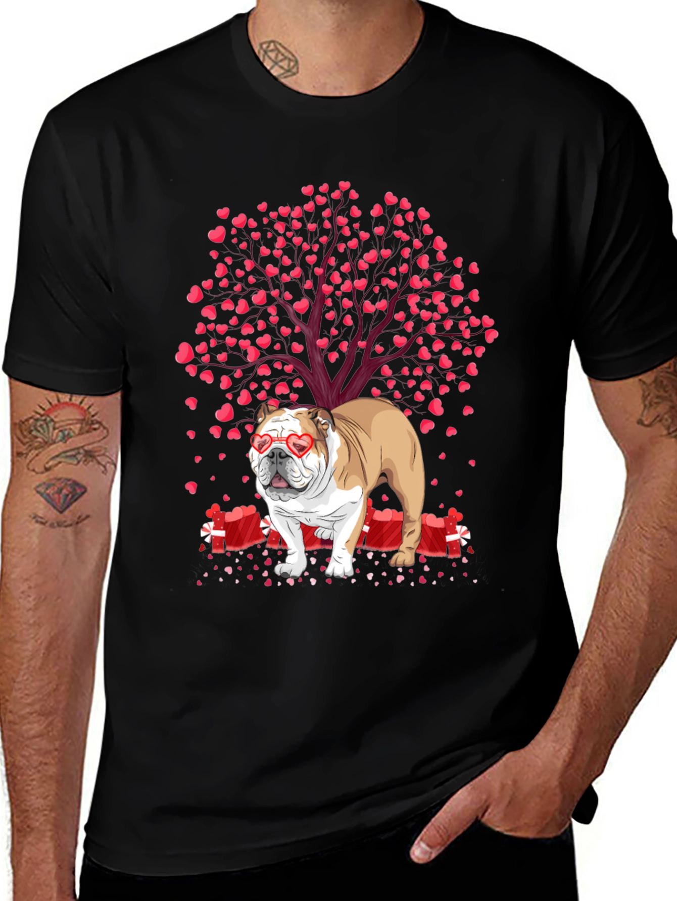 Bulldog Valentines Day T-Shirt: Heart Tree Design