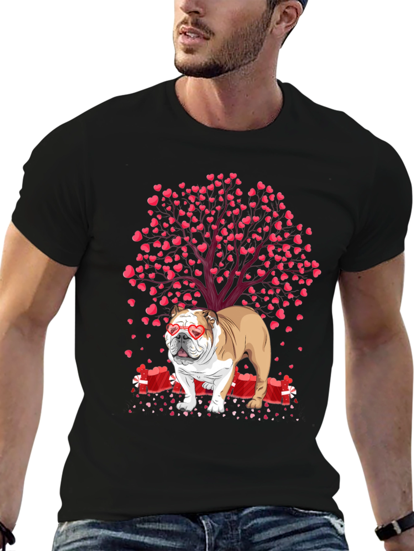 Bulldog Valentines Day T-Shirt: Heart Tree Design
