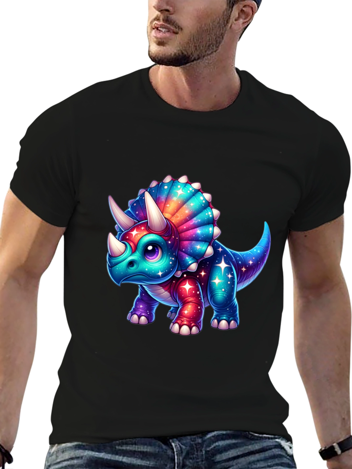 Cosmic Triceratops Graphic Tee - Black