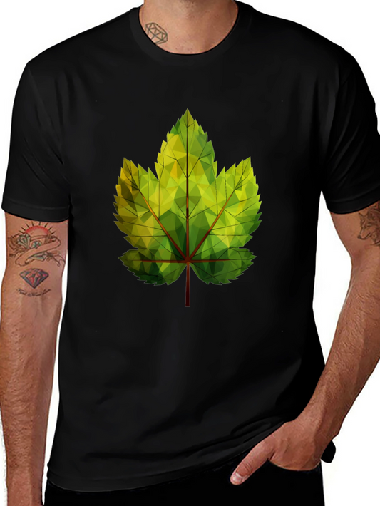 Geometric Leaf Print Black T-Shirt
