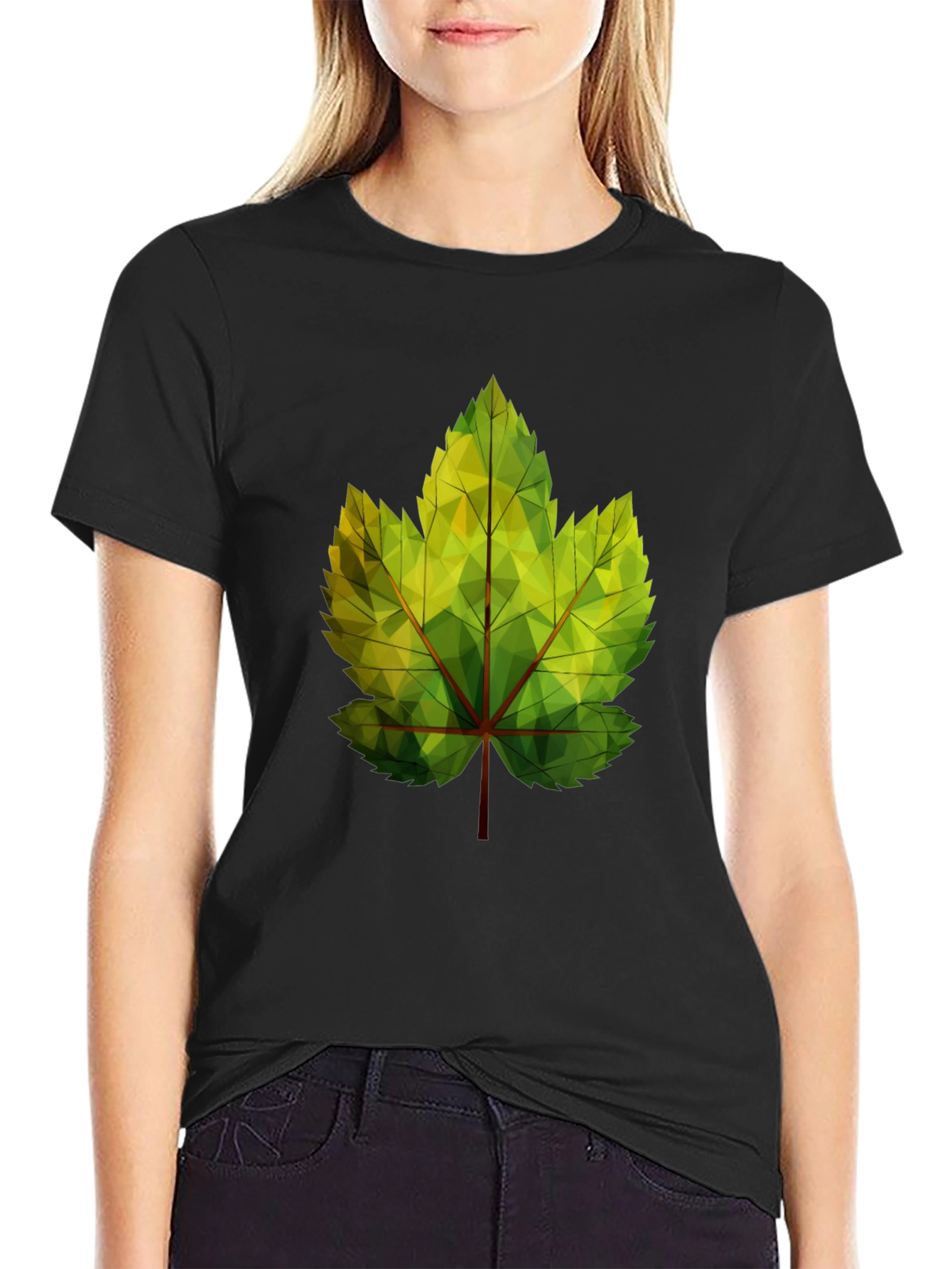 Geometric Leaf Print Black T-Shirt