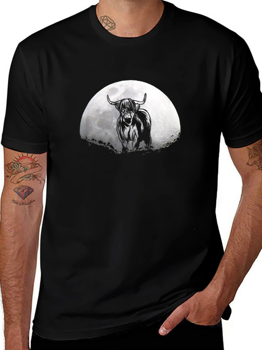 Highland Cow Moon Graphic Tee - Stylish Mens Black T-Shirt