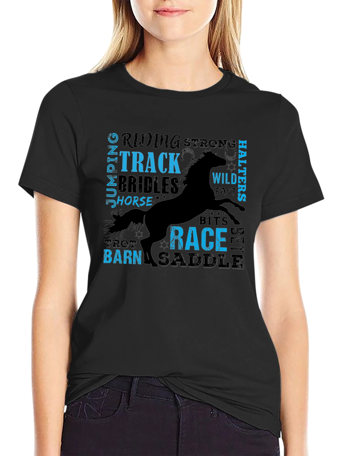 Equestrian Horse Riding Word Art Black T-Shirt
