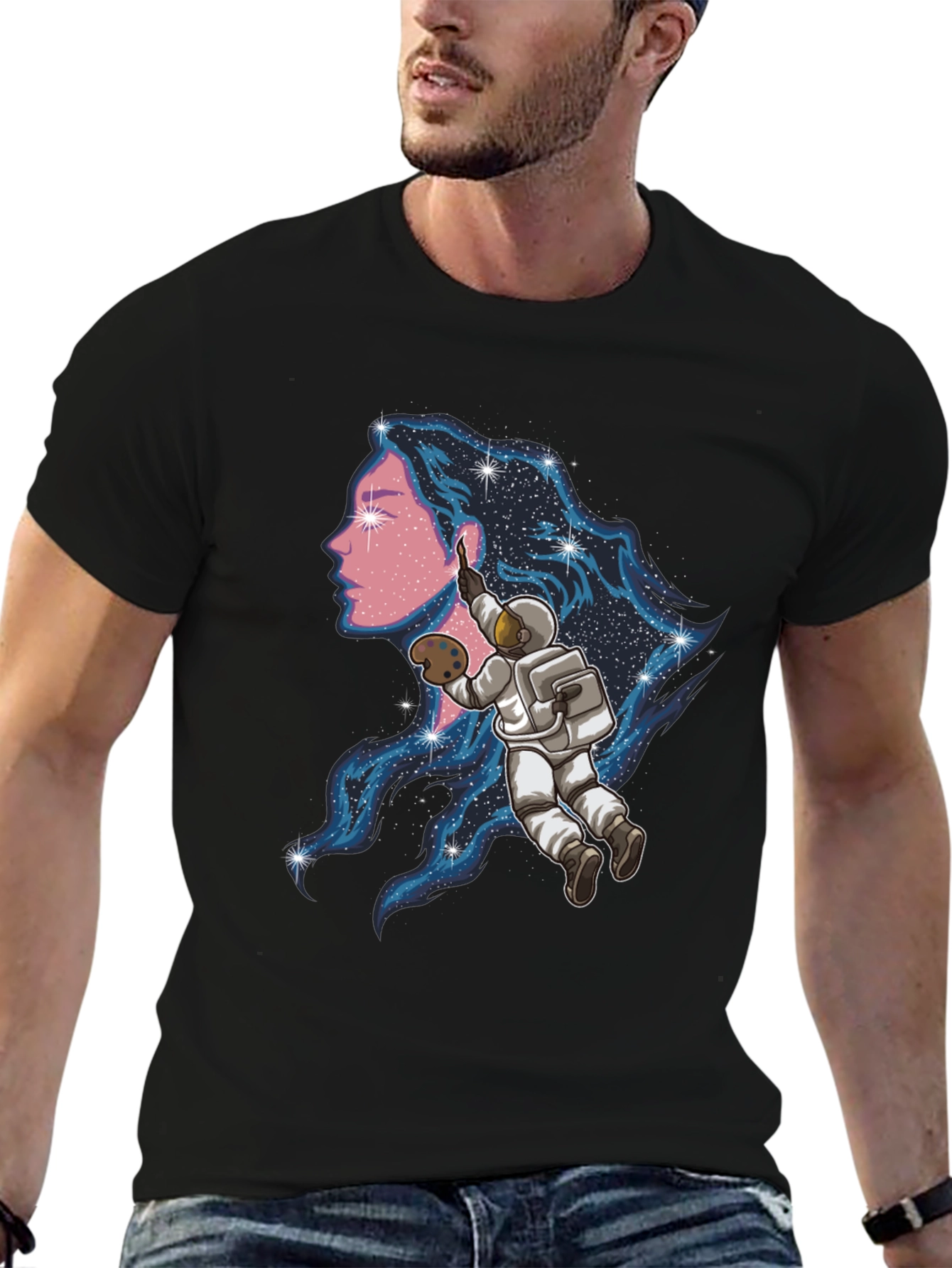 Astronaut Artist Graphic Tee - Black Cotton Blend