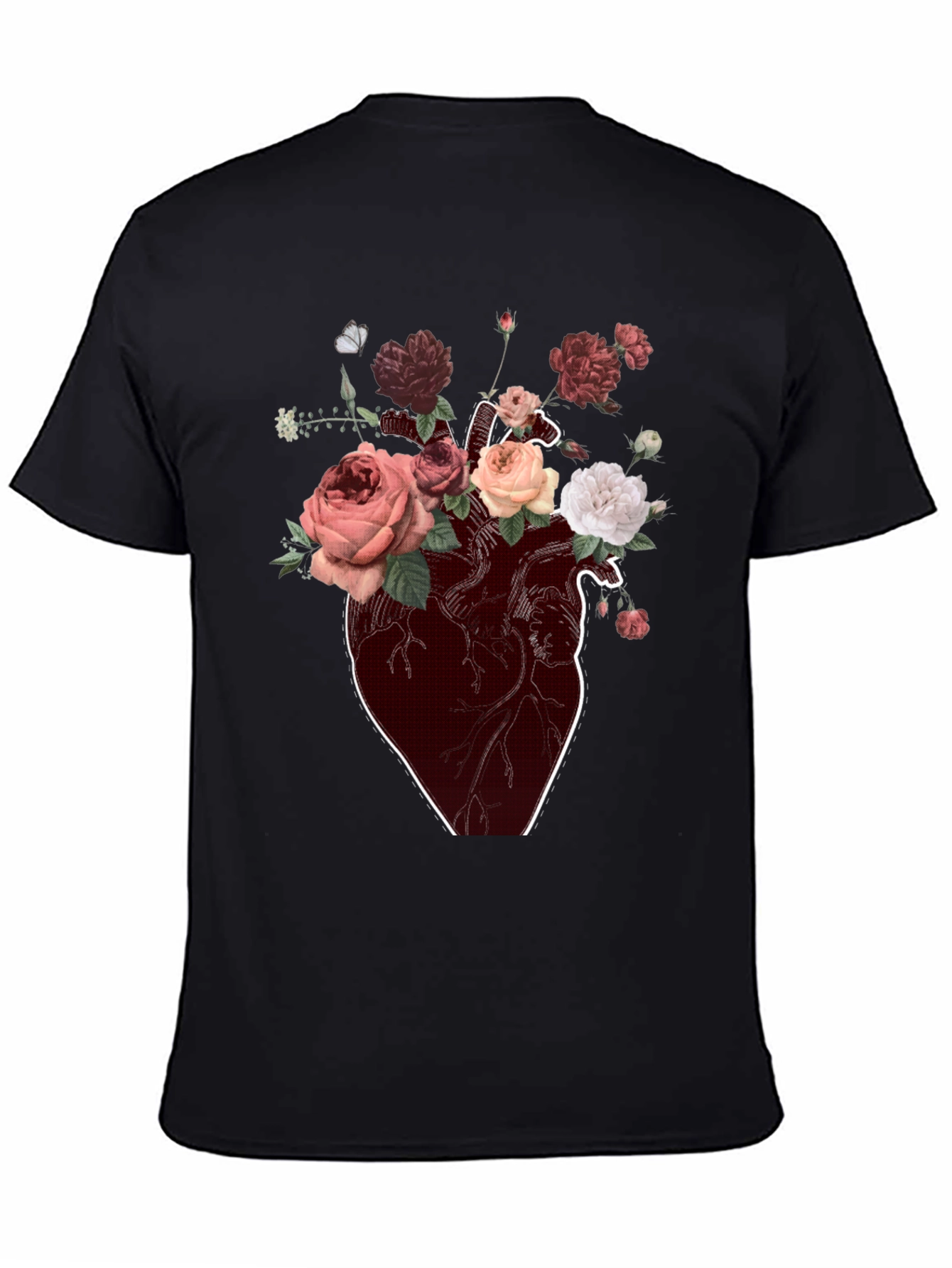 Floral Heart Graphic T-Shirt - Artistic Black Tee