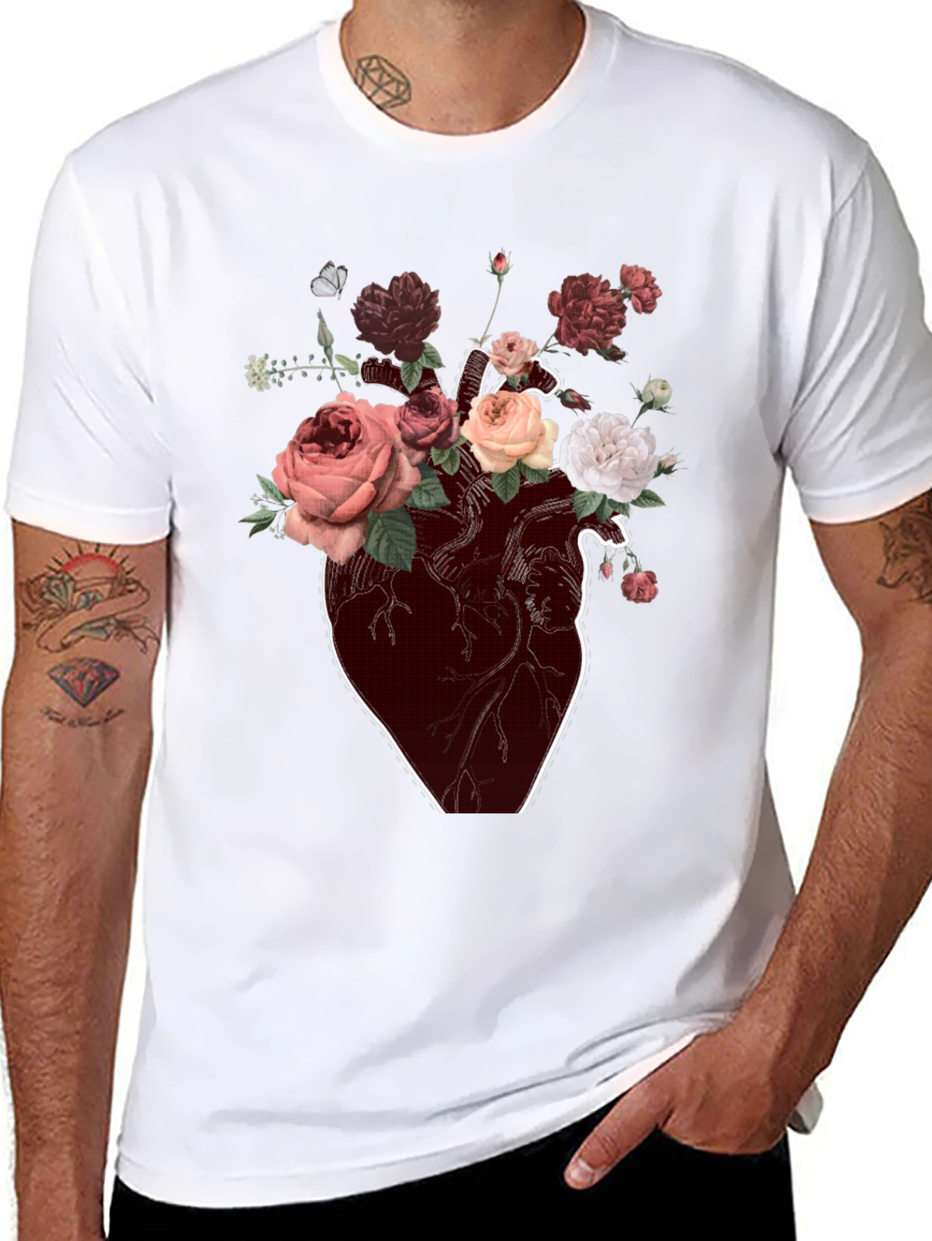 Floral Heart Graphic T-Shirt - Artistic Black Tee