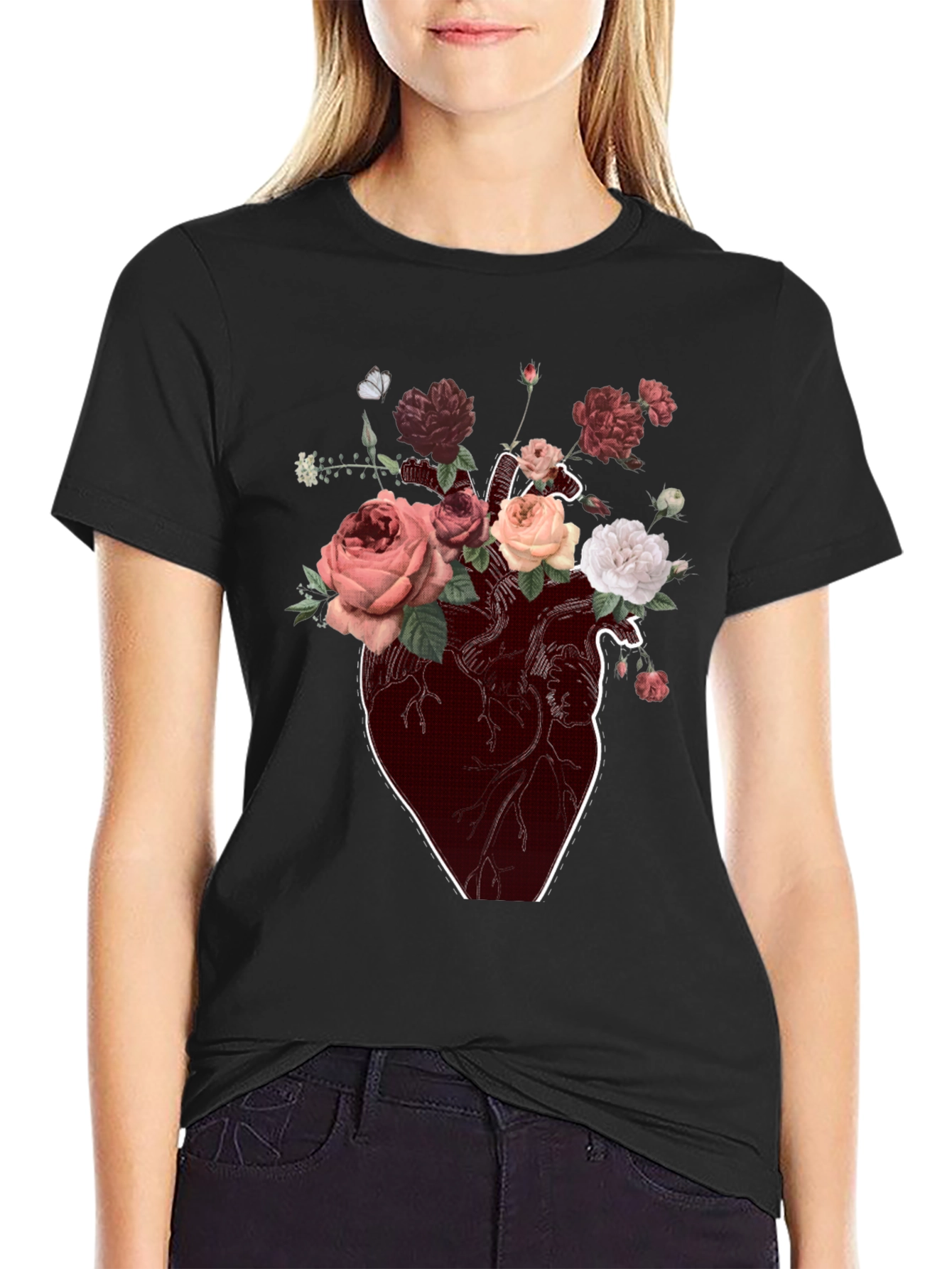 Floral Heart Graphic T-Shirt - Artistic Black Tee