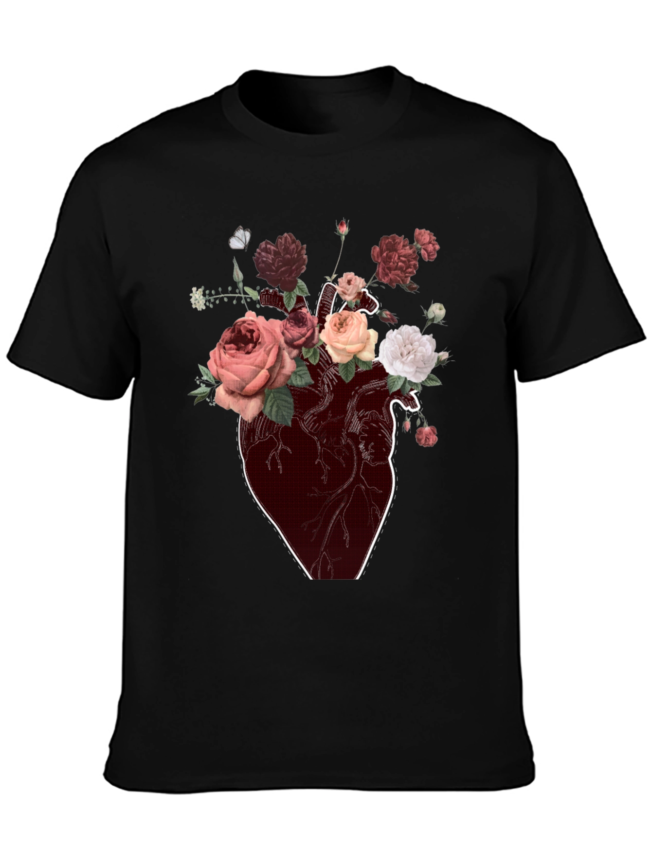 Floral Heart Graphic T-Shirt - Artistic Black Tee