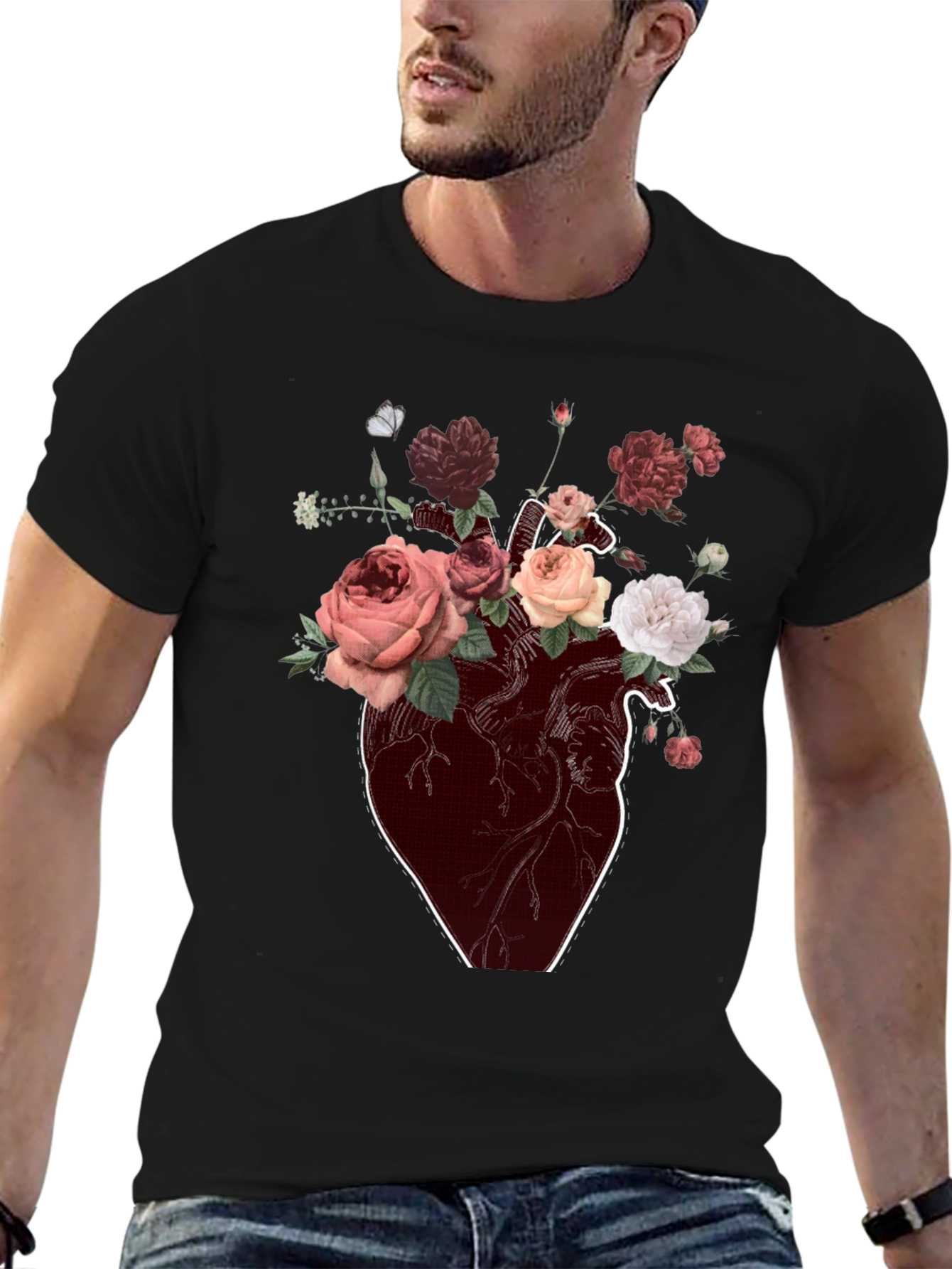 Floral Heart Graphic T-Shirt - Artistic Black Tee