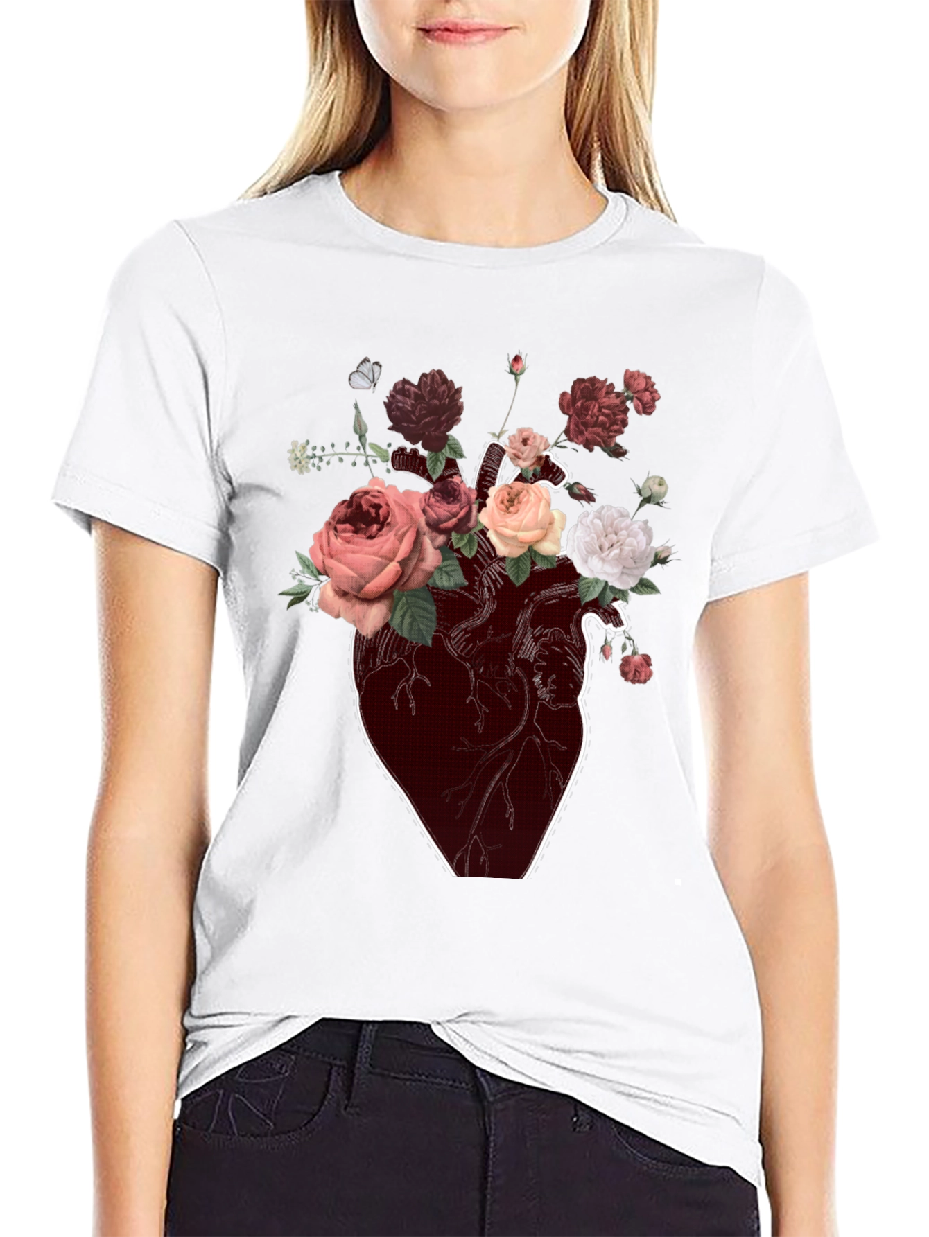 Floral Heart Graphic T-Shirt - Artistic Black Tee