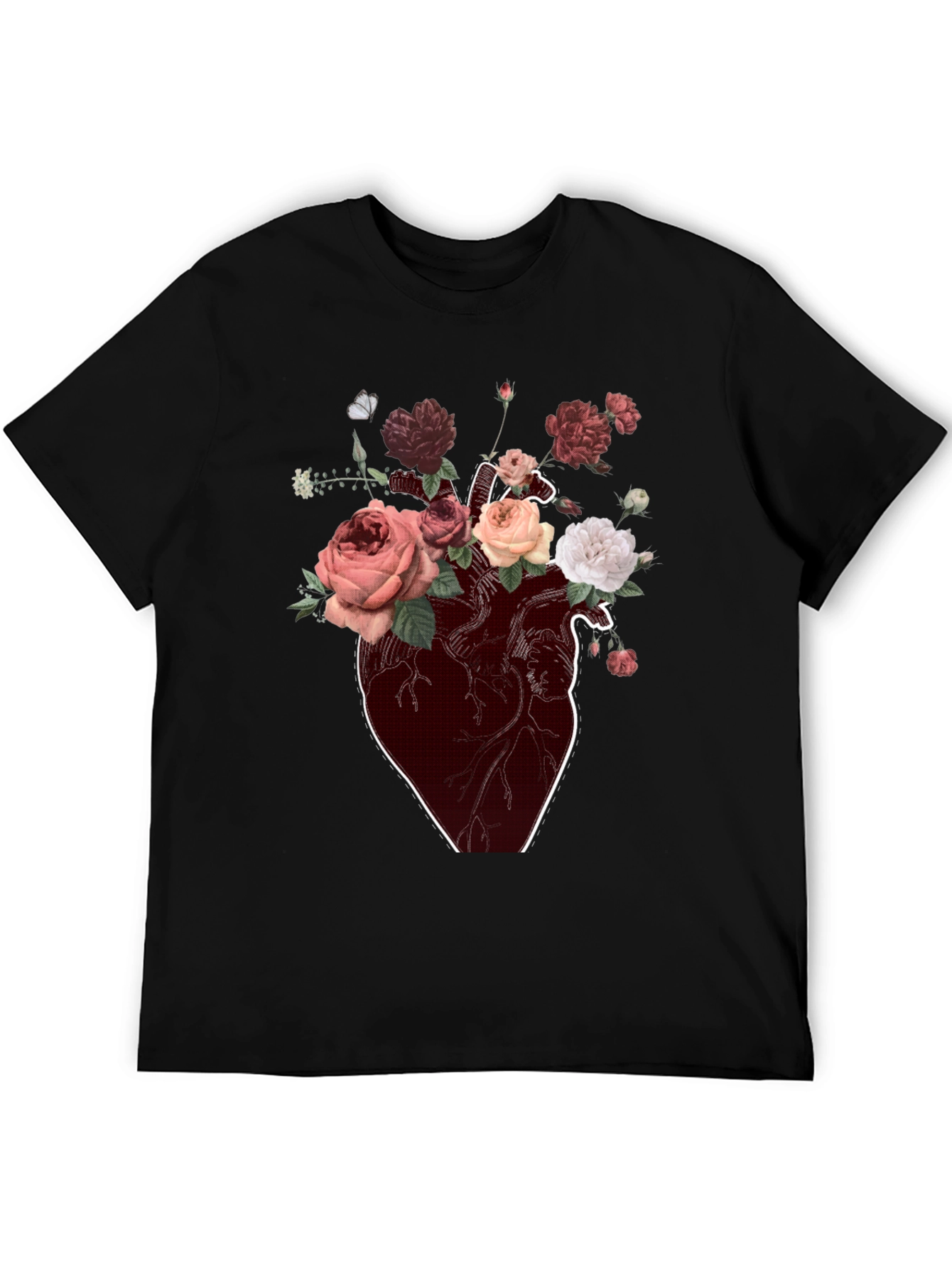 Floral Heart Graphic T-Shirt - Artistic Black Tee