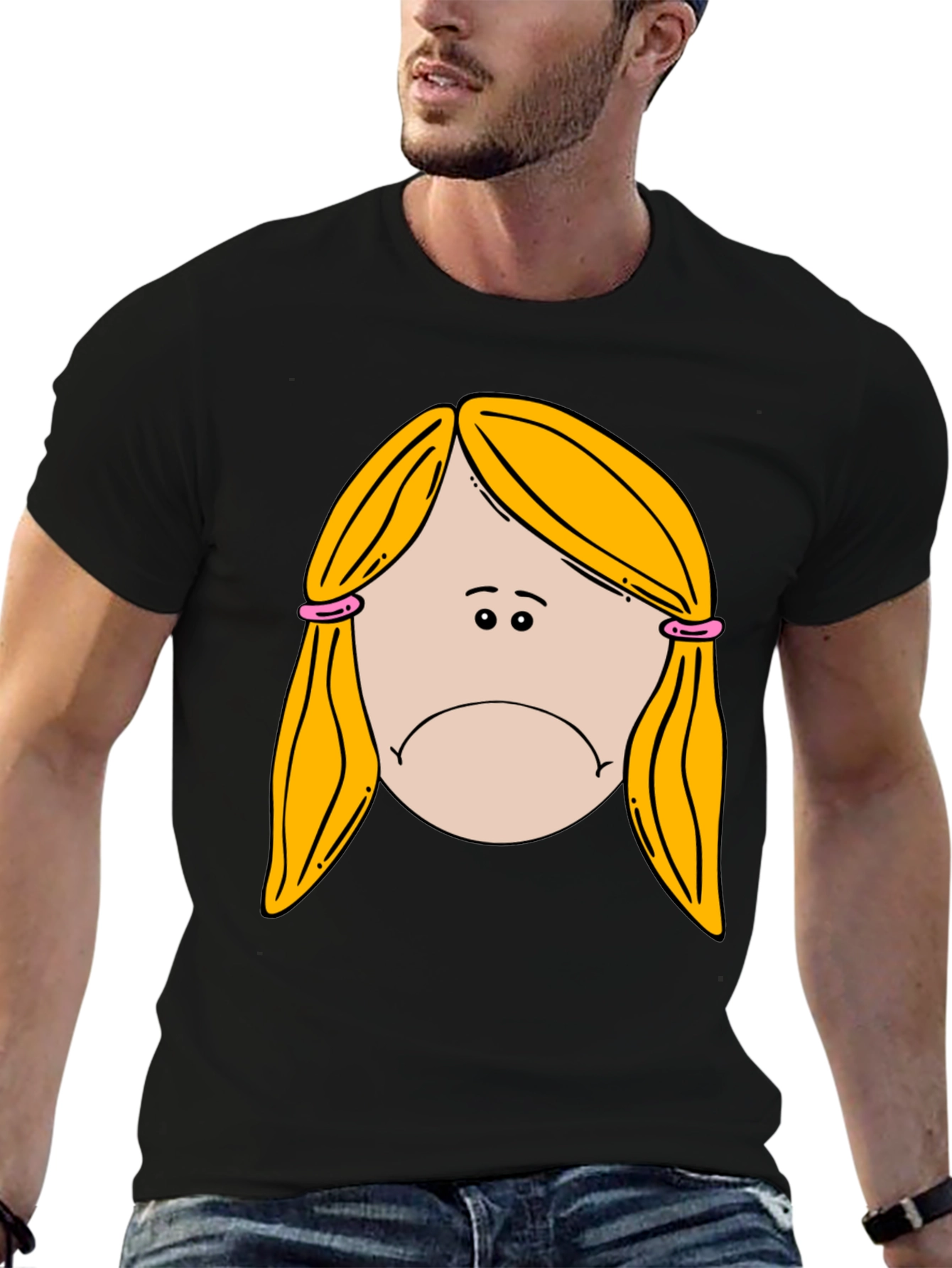 Sad Girl Cartoon Graphic Black T-Shirt