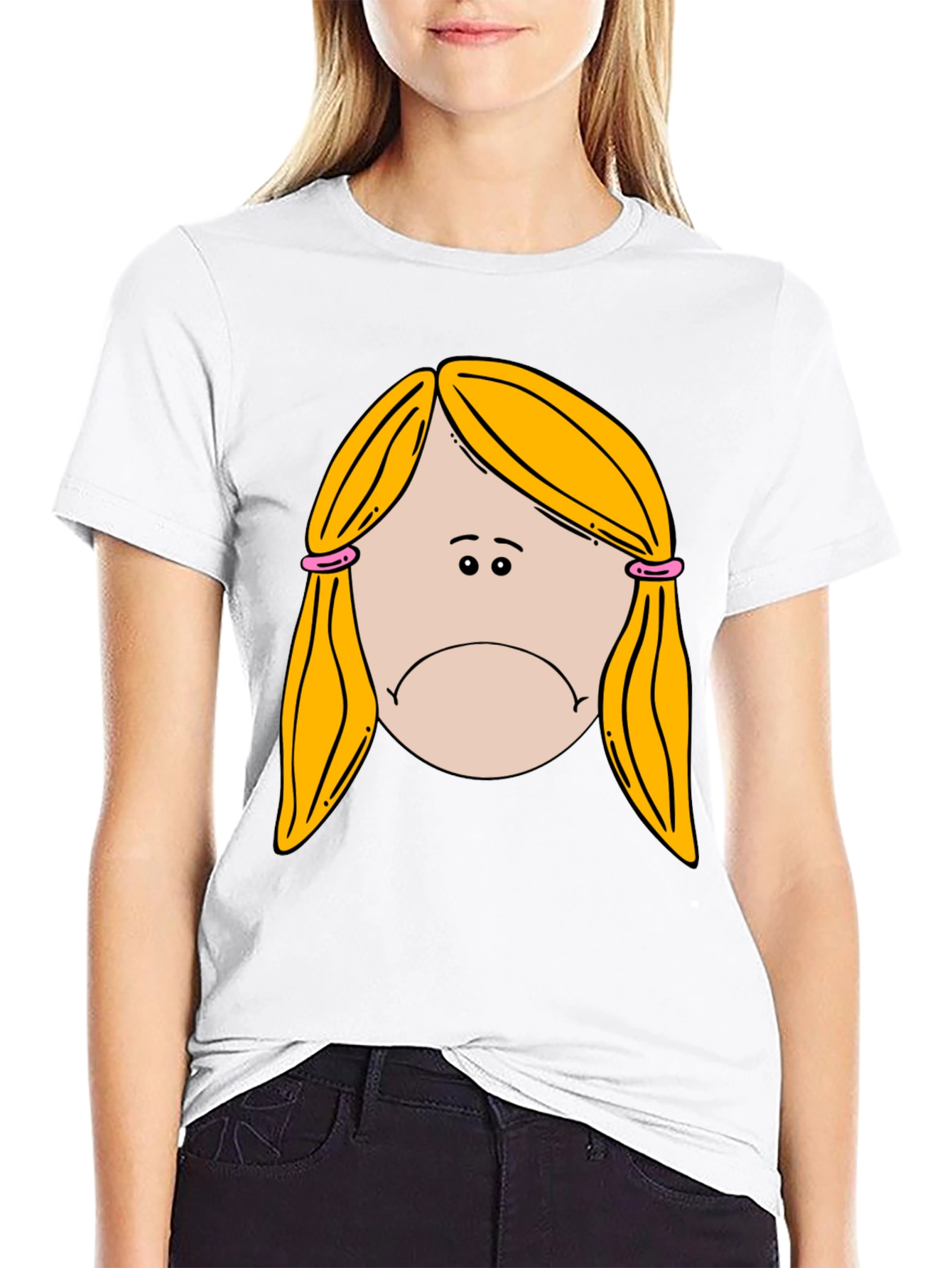 Sad Girl Cartoon Graphic Black T-Shirt