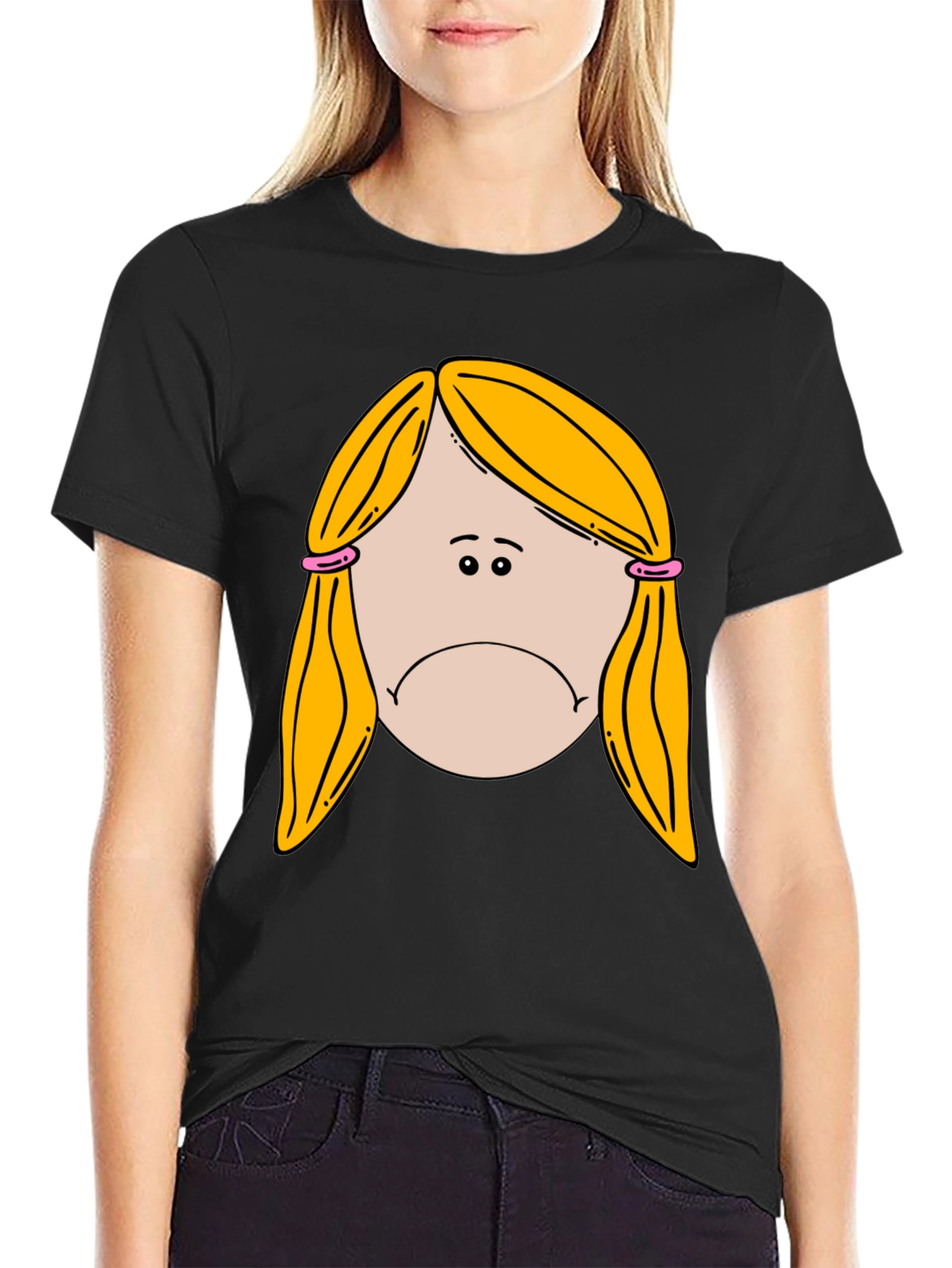 Sad Girl Cartoon Graphic Black T-Shirt