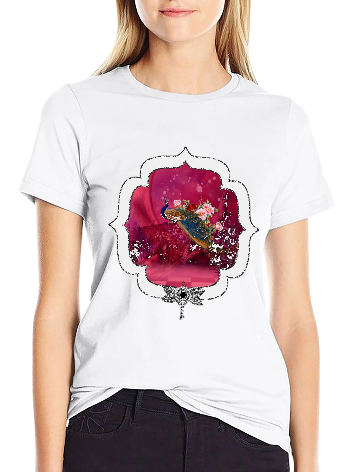 Floral Peacock Graphic Tee - Stylish & Unique