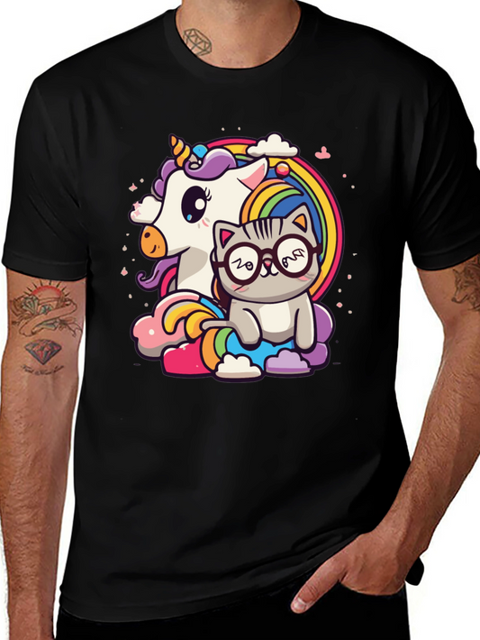 Unicorn Cat Rainbow Graphic Tee - Black