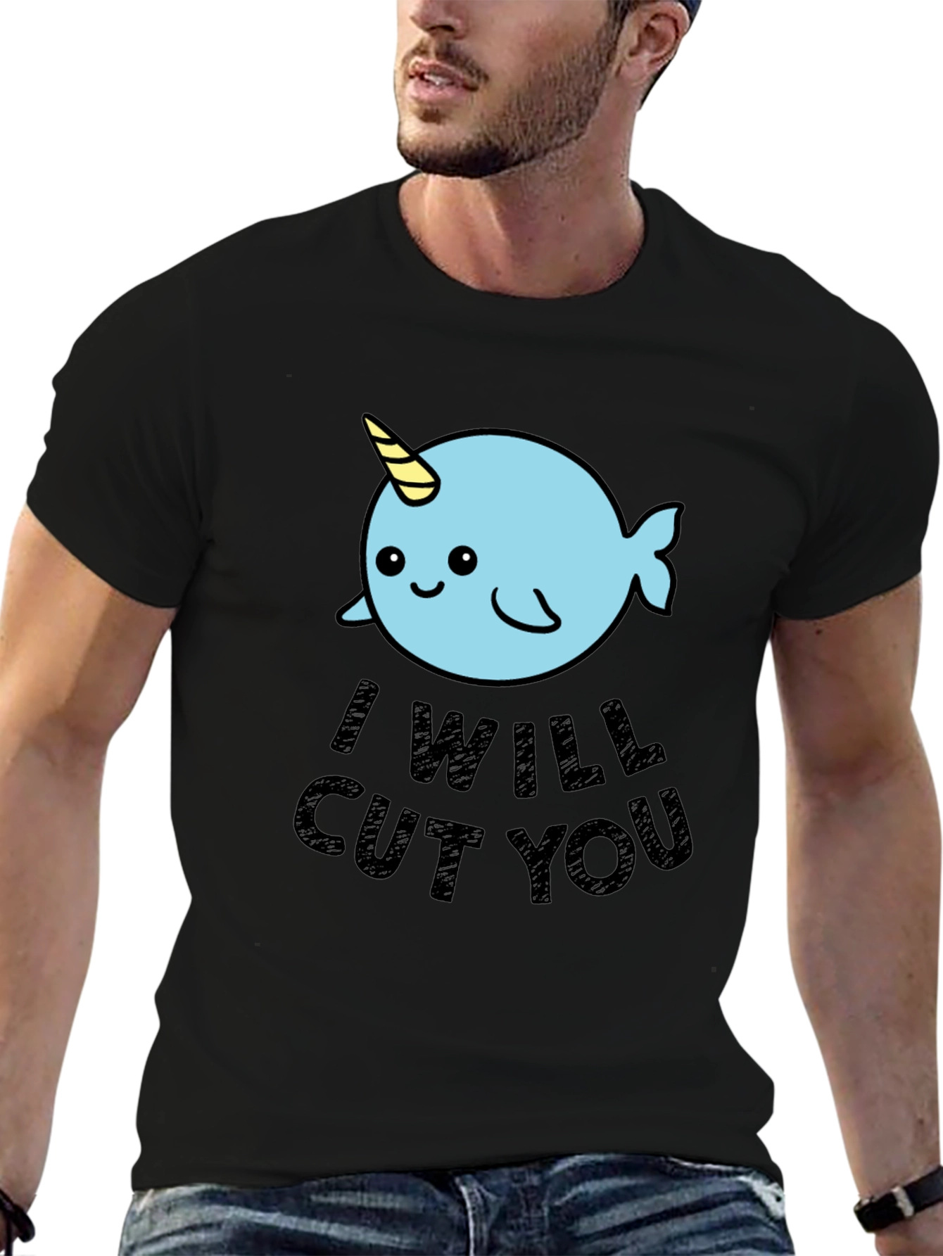 Narwhal I Will Cut You T-Shirt - Black Cotton