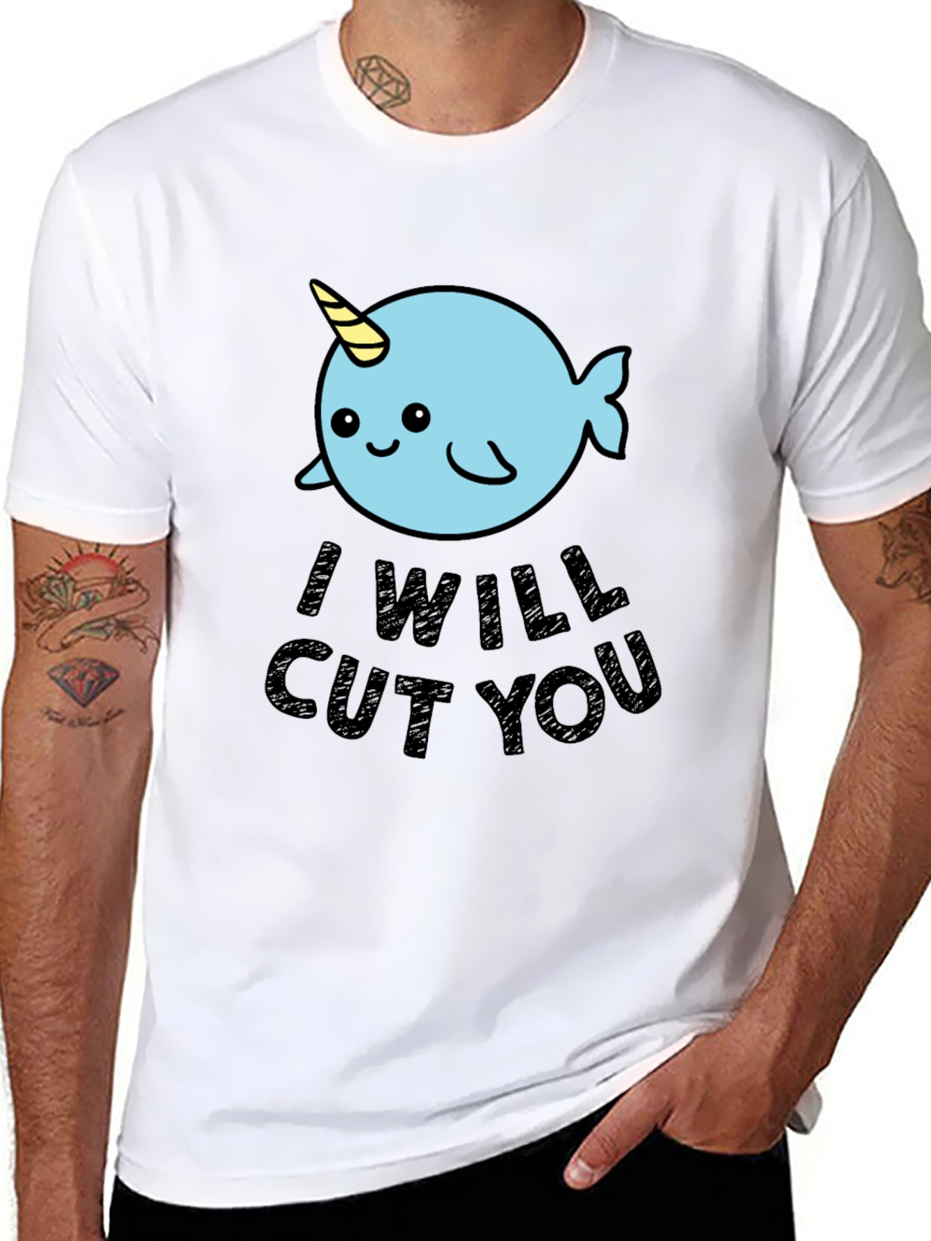 Narwhal I Will Cut You T-Shirt - Black Cotton