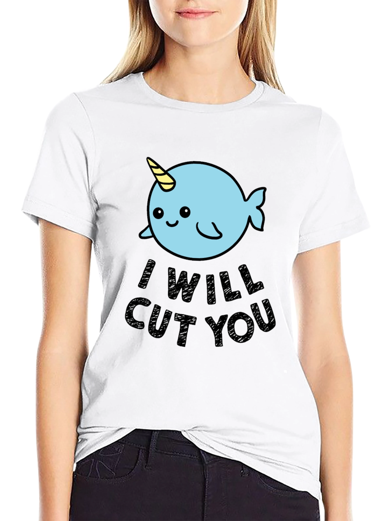 Narwhal I Will Cut You T-Shirt - Black Cotton