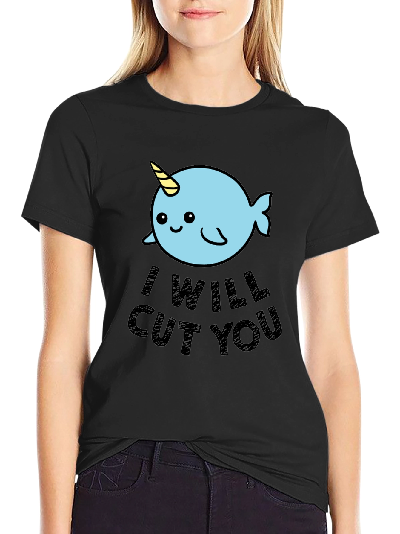 Narwhal I Will Cut You T-Shirt - Black Cotton