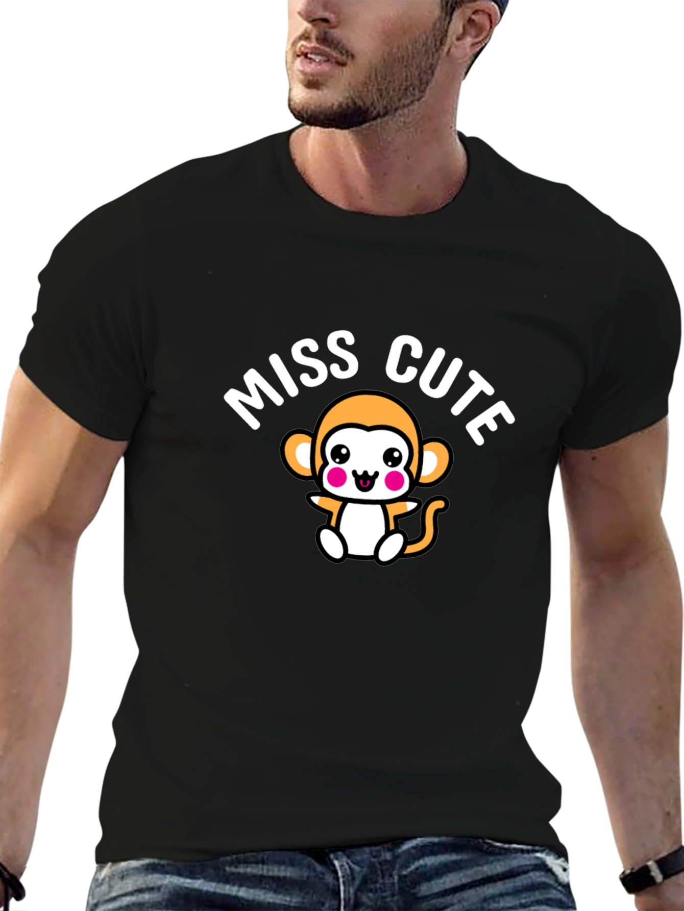 Miss Cute Monkey Graphic Black T-Shirt