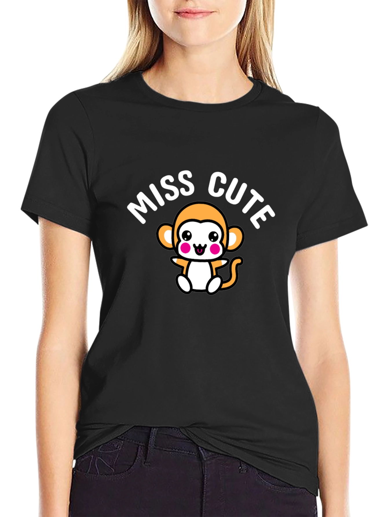 Miss Cute Monkey Graphic Black T-Shirt