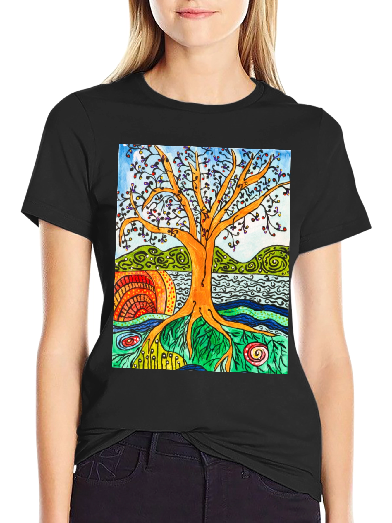 Artistic Tree of Life Graphic Tee - Black