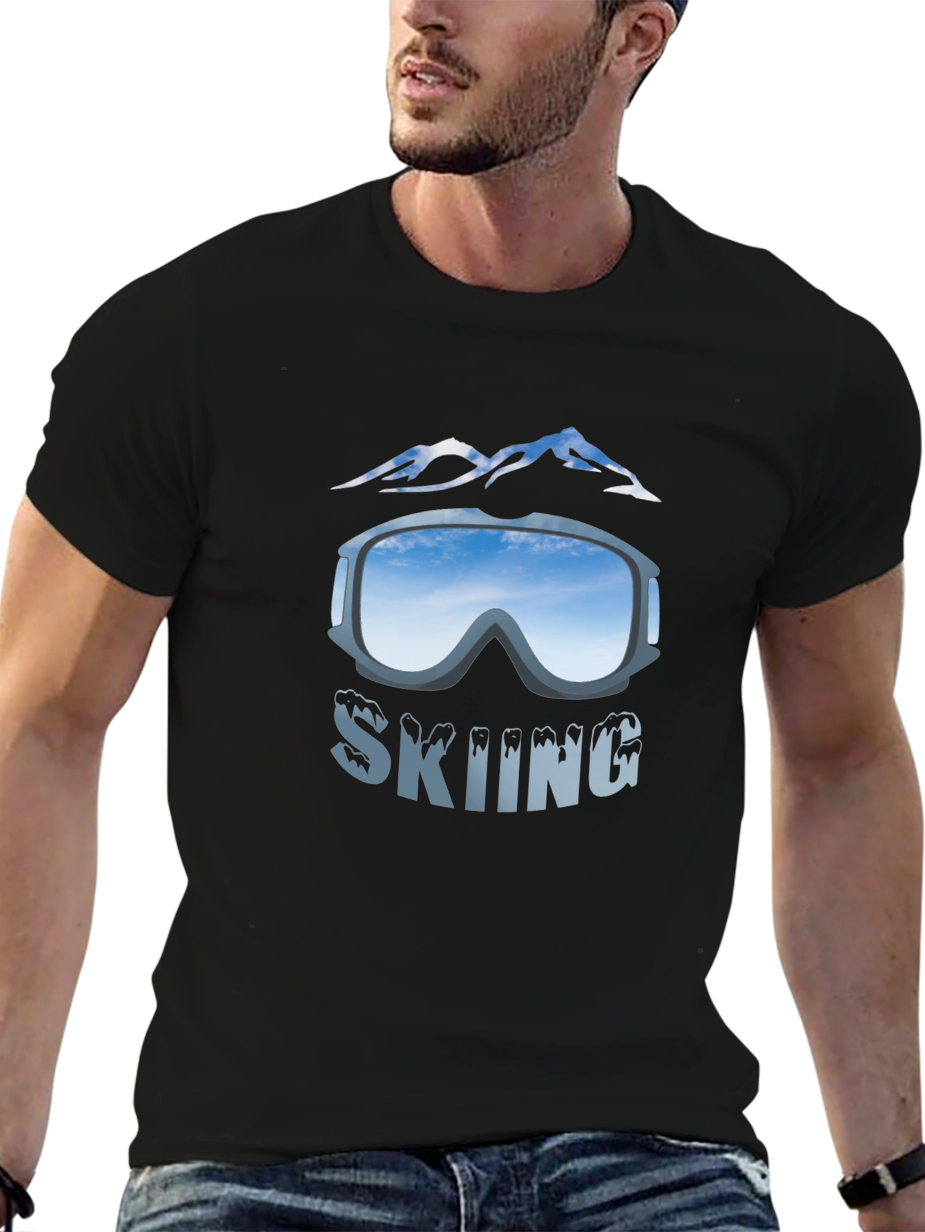 Mens Black Skiing Graphic T-Shirt