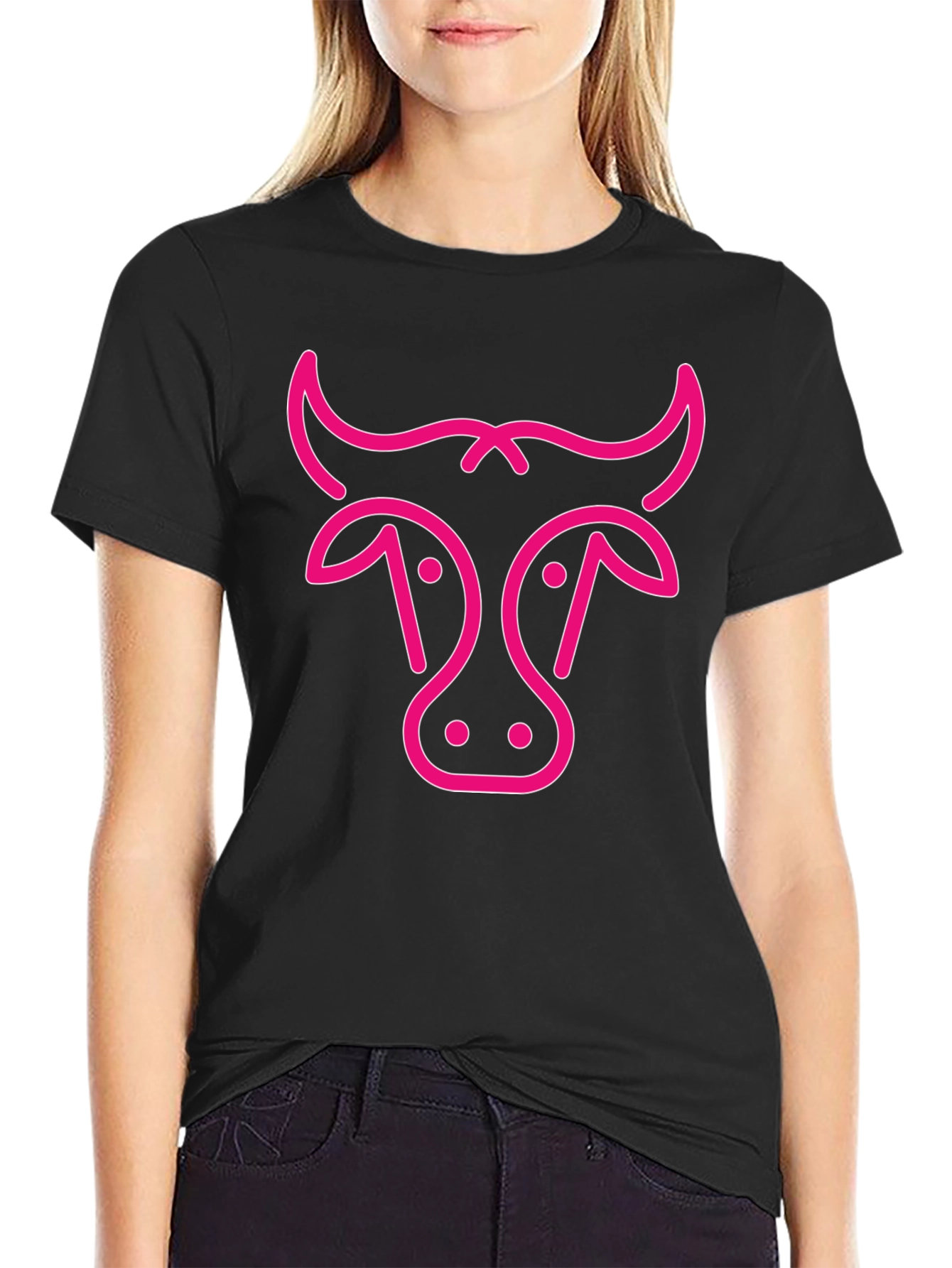 Black T-Shirt with Pink Cow Graphic