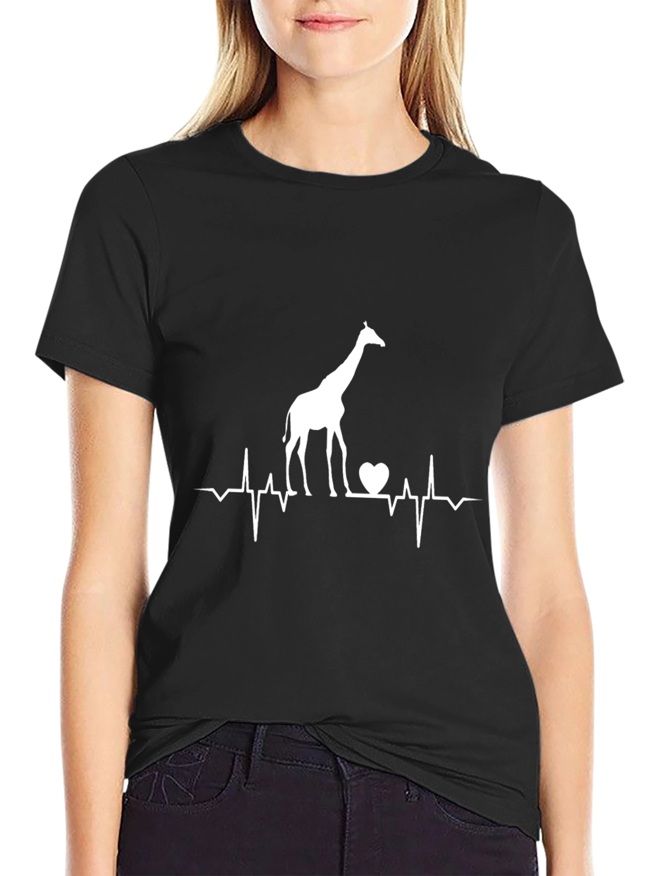 Giraffe Heartbeat Graphic Tee - Black Cotton T-Shirt