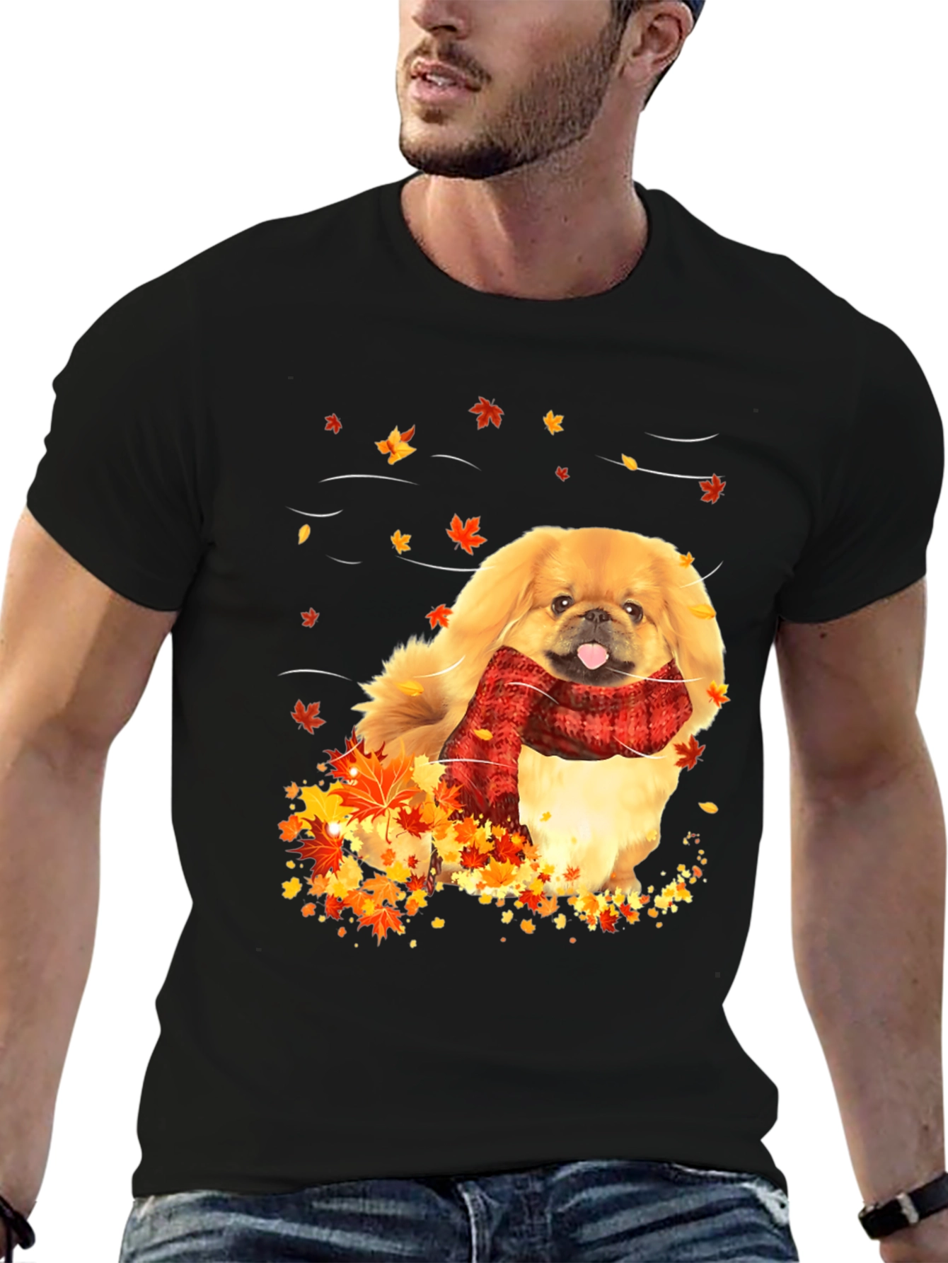 Autumn Dog T-Shirt - Cozy Scarf Fall Leaves